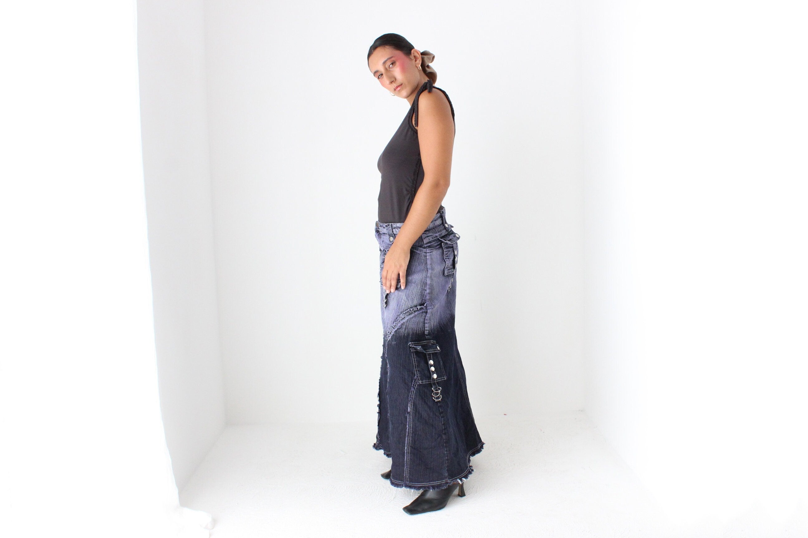 Y2K Maximalist German Techno Dip-Dye Denim Cargo Maxi Skirt