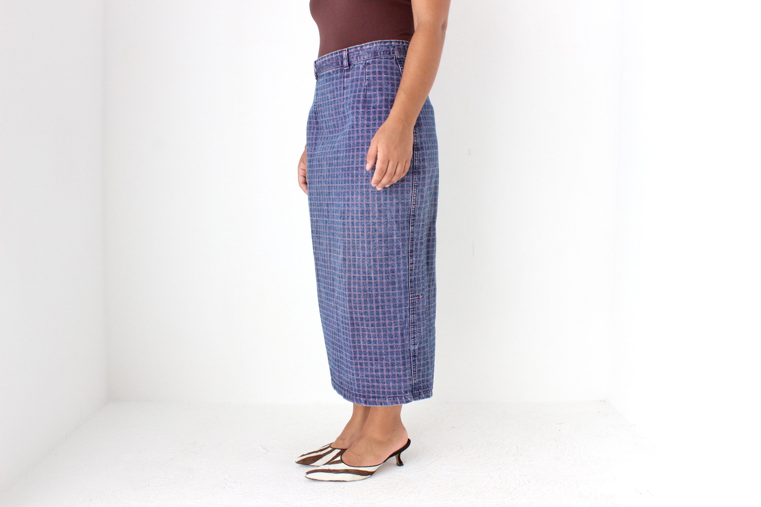 80s Minimal Denim High Waist Column Skirt
