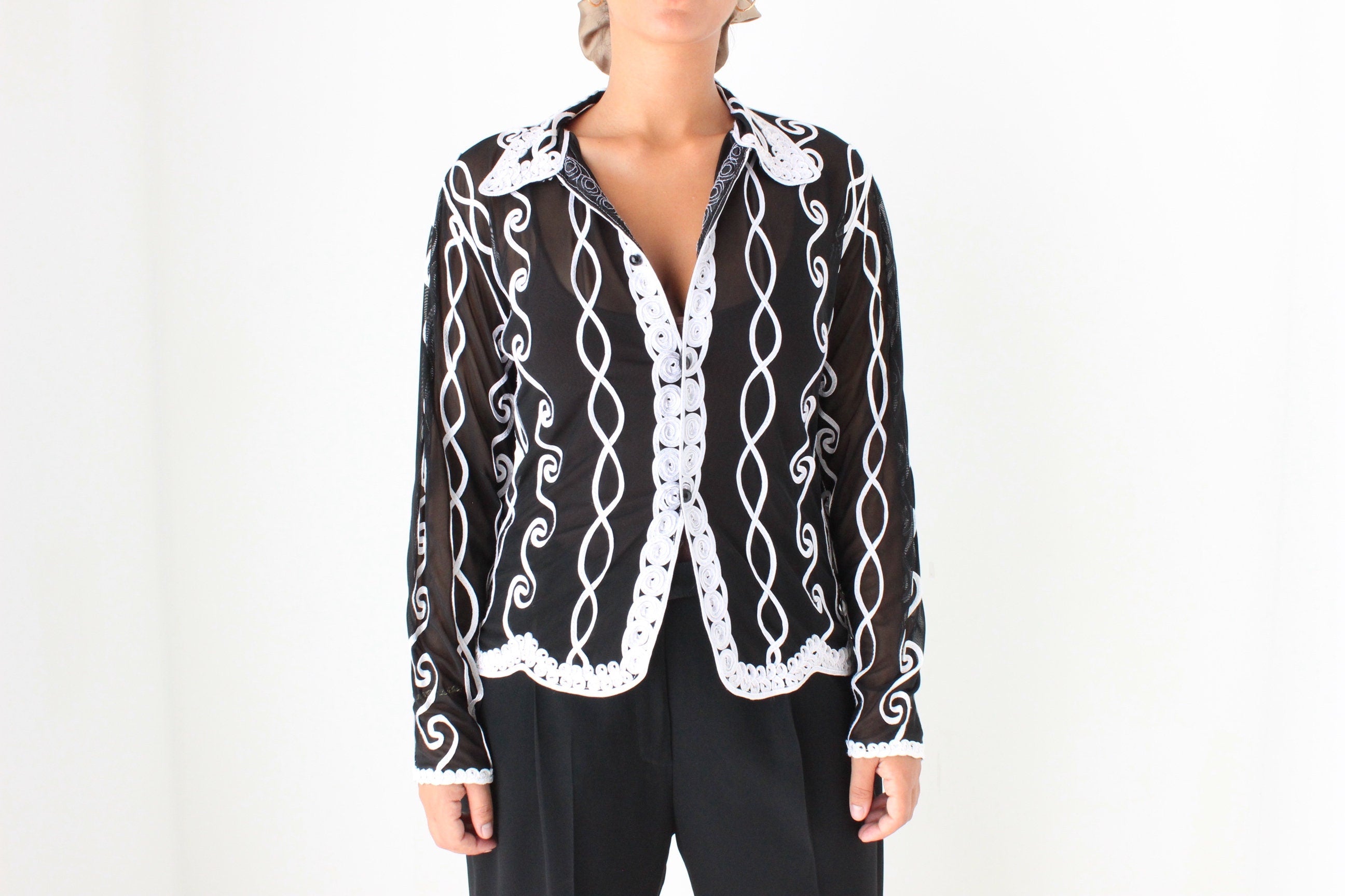 Funky Y2K Mesh & Ribbon Sheer Button Up Shirt