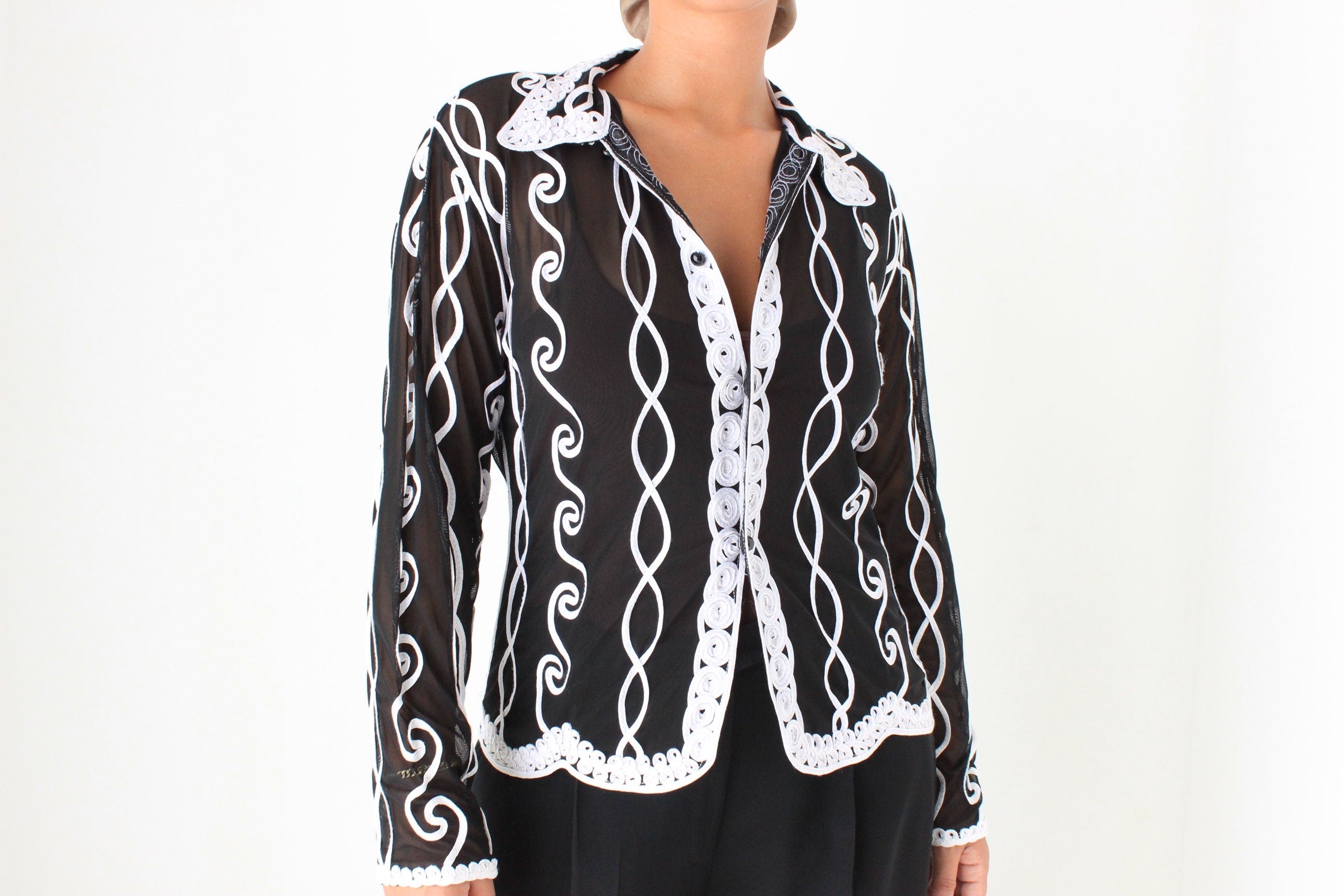 Funky Y2K Mesh & Ribbon Sheer Button Up Shirt