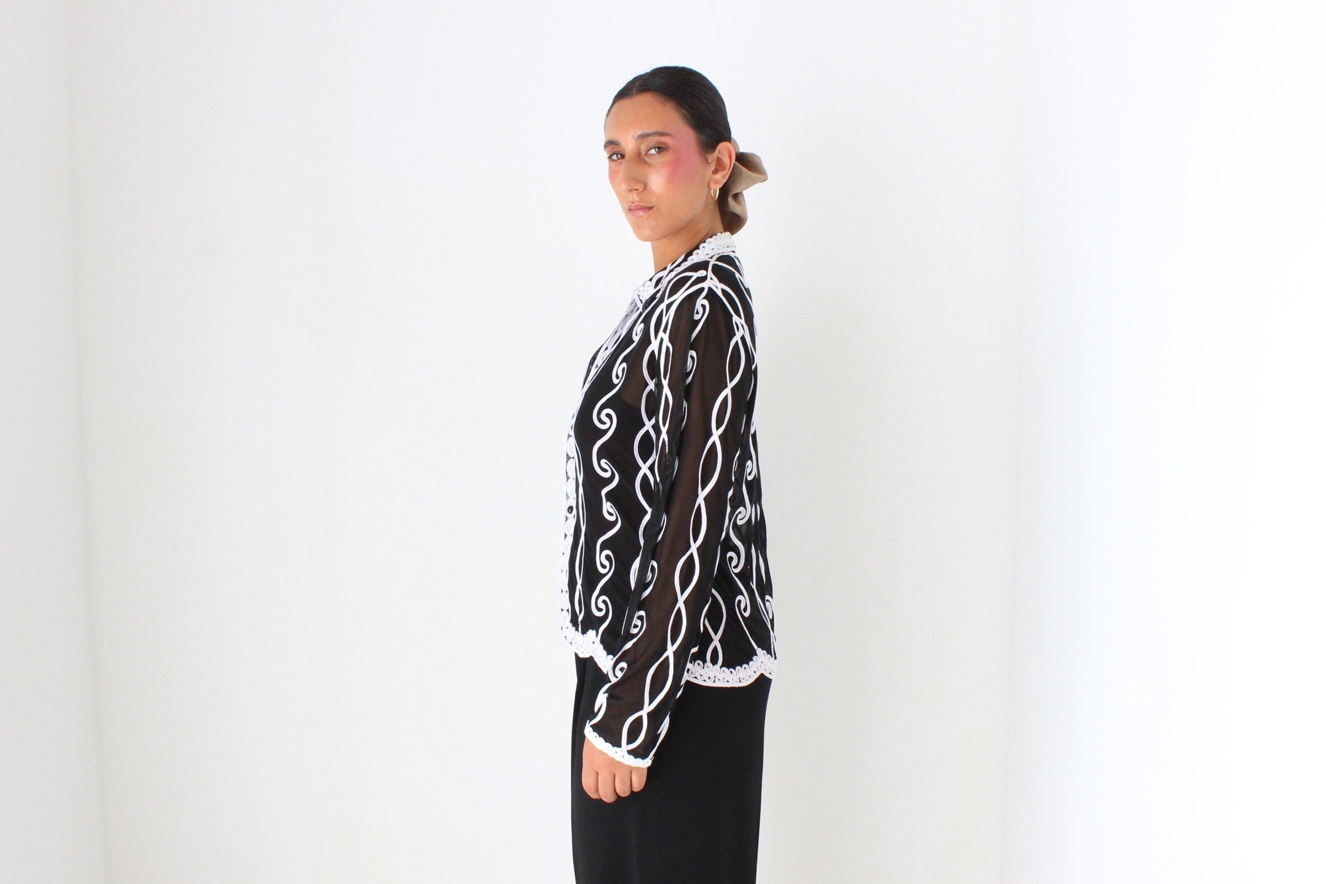 Funky Y2K Mesh & Ribbon Sheer Button Up Shirt