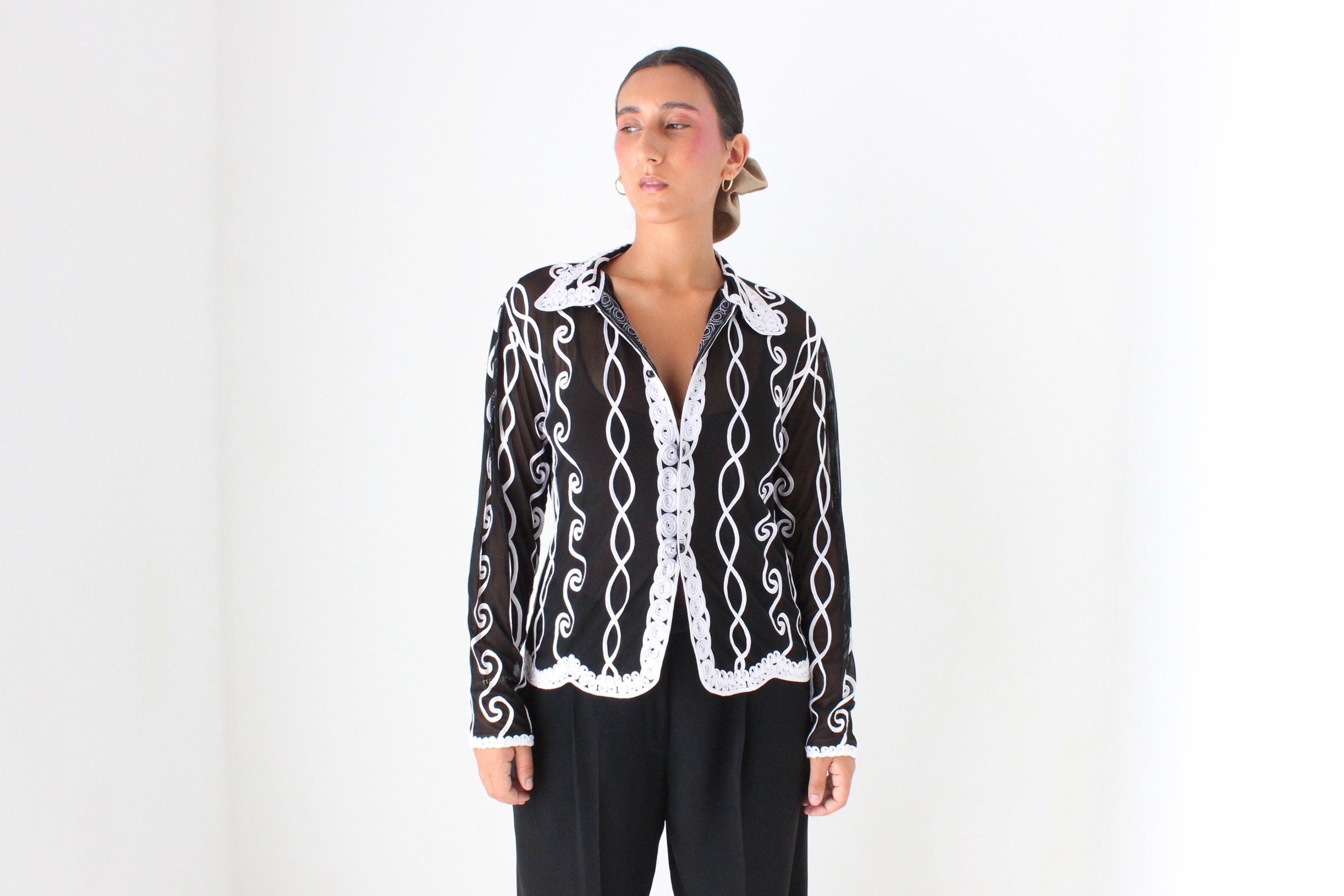 Funky Y2K Mesh & Ribbon Sheer Button Up Shirt