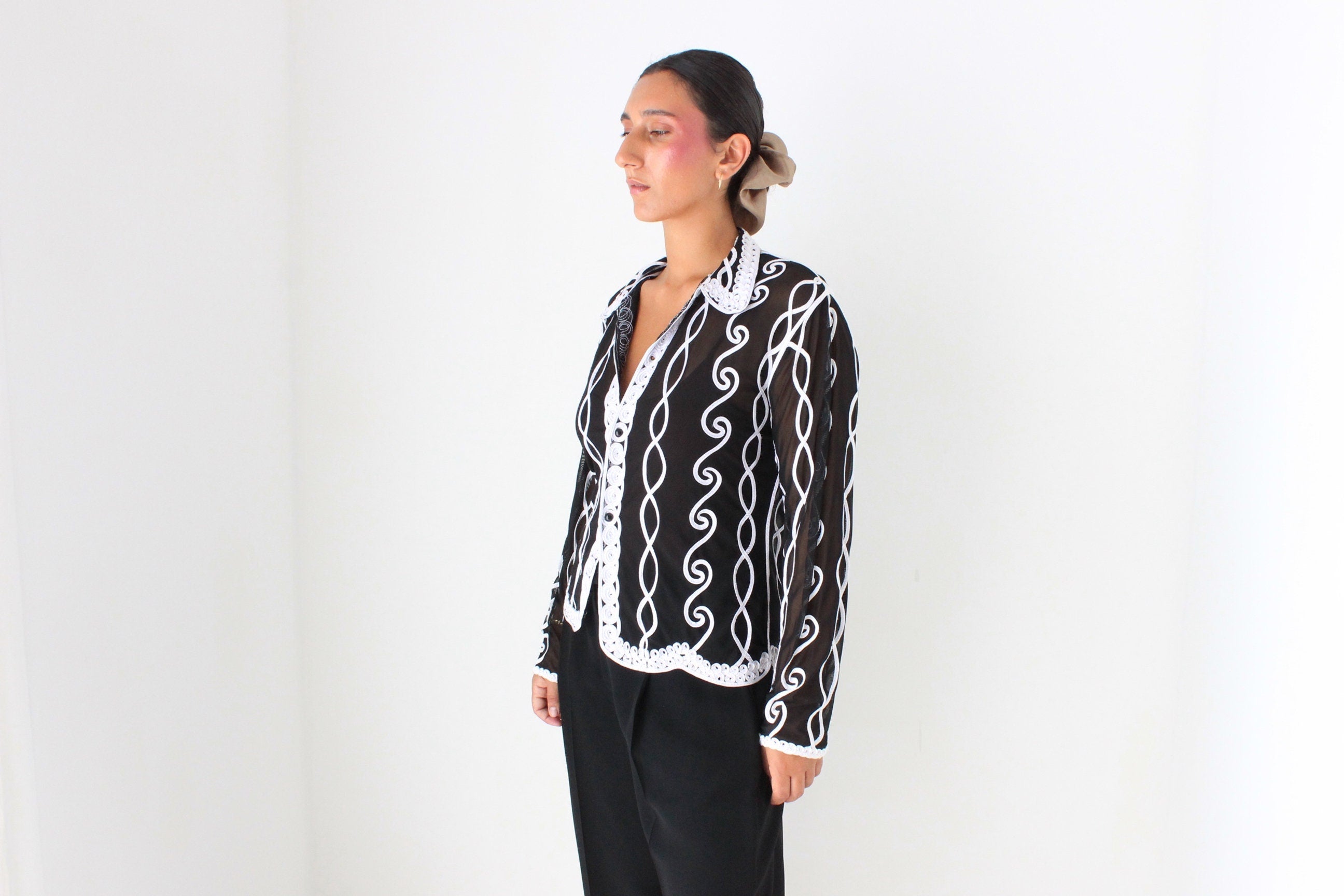 Funky Y2K Mesh & Ribbon Sheer Button Up Shirt
