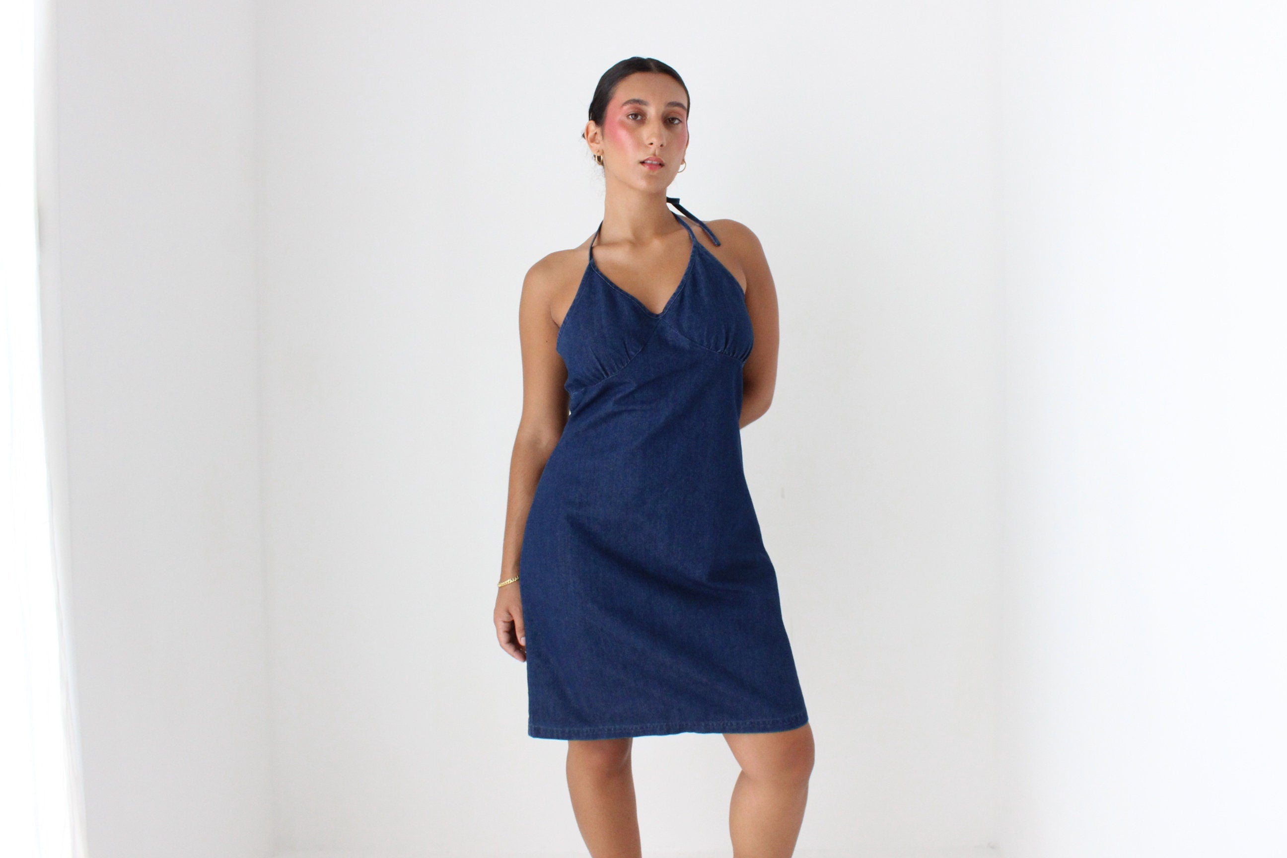 Y2K Darkwash Denim Minimal Halter Dress