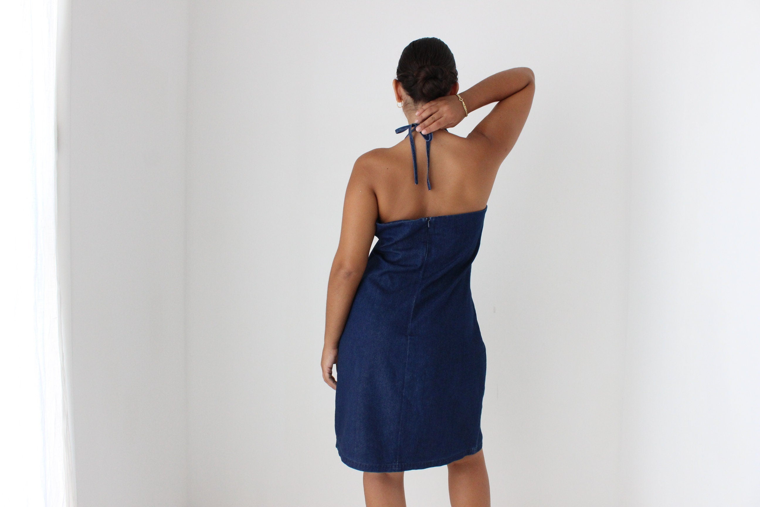 Y2K Darkwash Denim Minimal Halter Dress