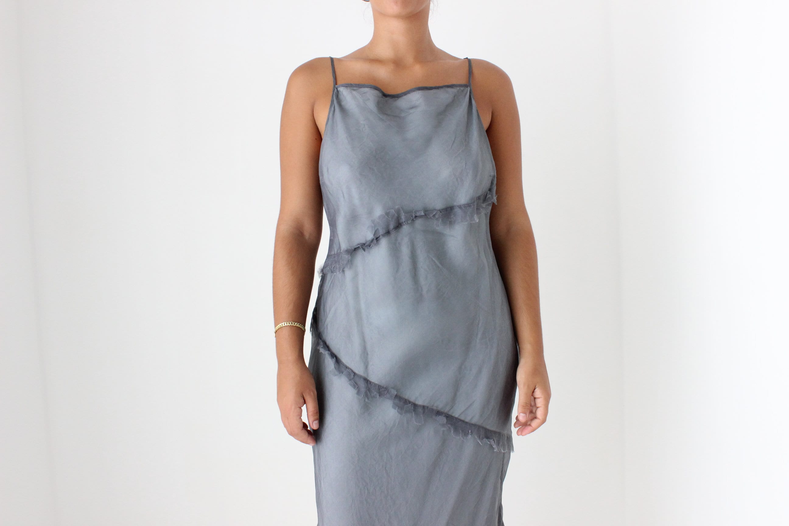 90s CUE Etherial Silk Organza Bias Cut Straight Neck Slip Dress