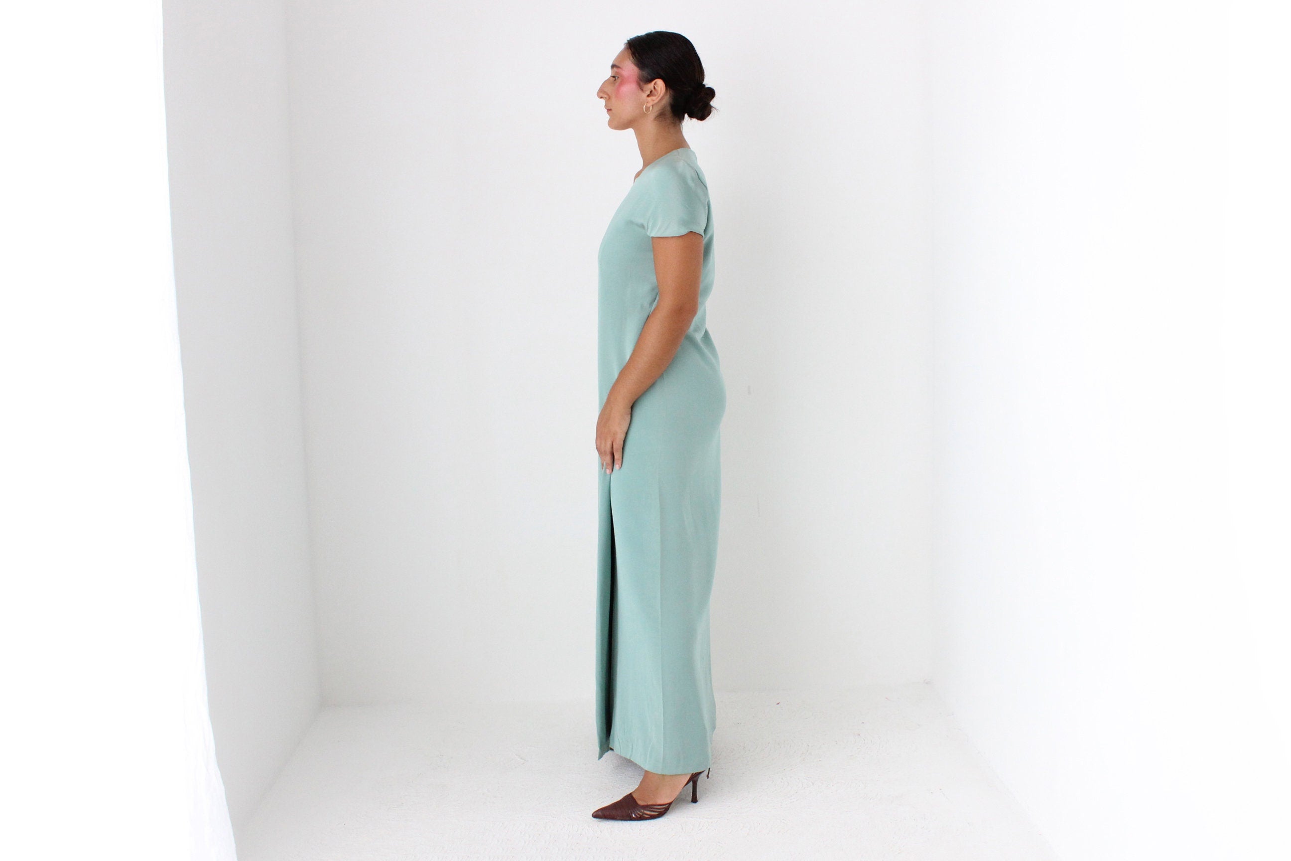 90s CALVIN KLEIN Mint Green Silk Minimal Gown