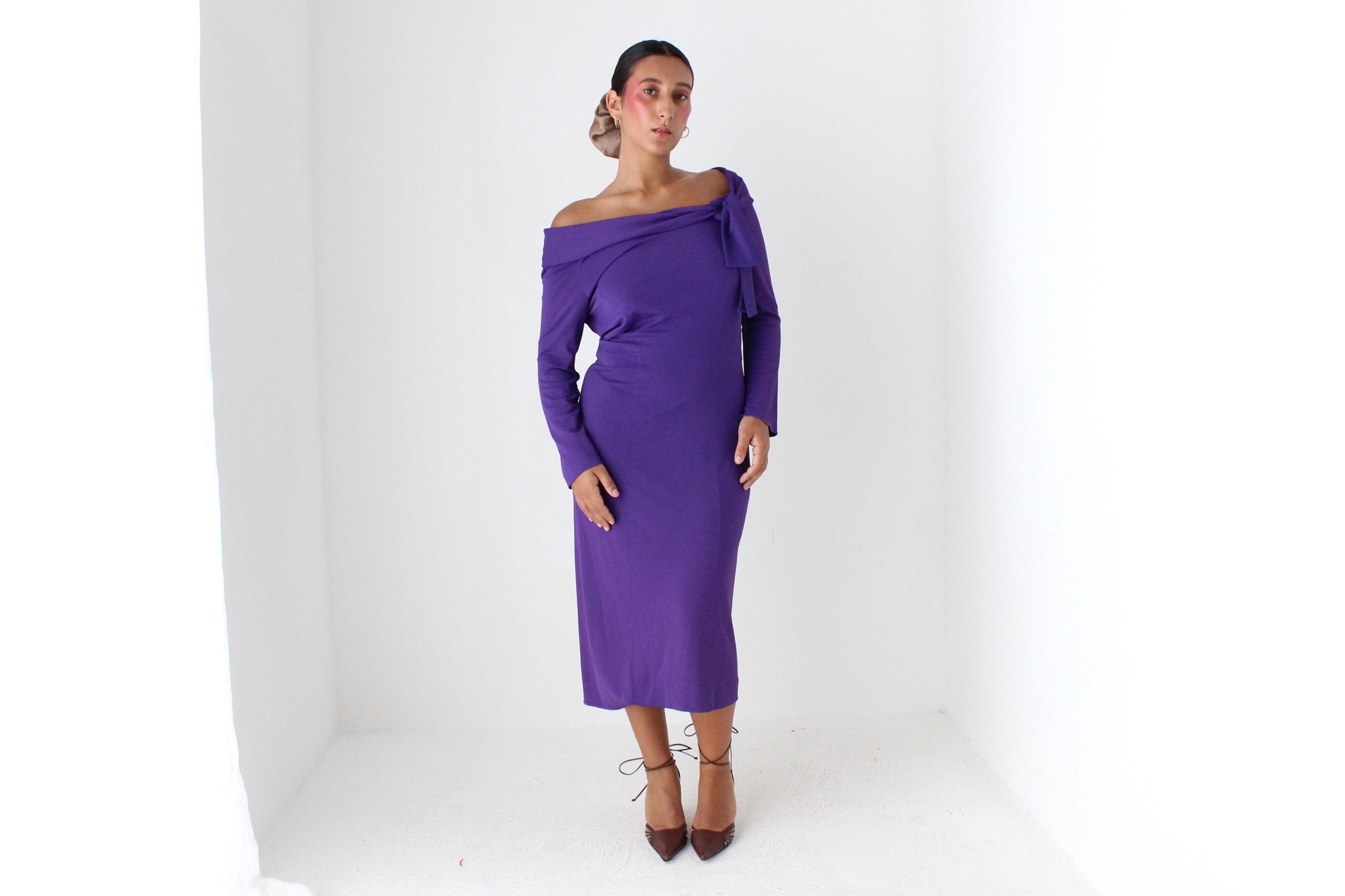 2000s Alberta Ferretti Royal Purple Fitted Off Shoulder Dress