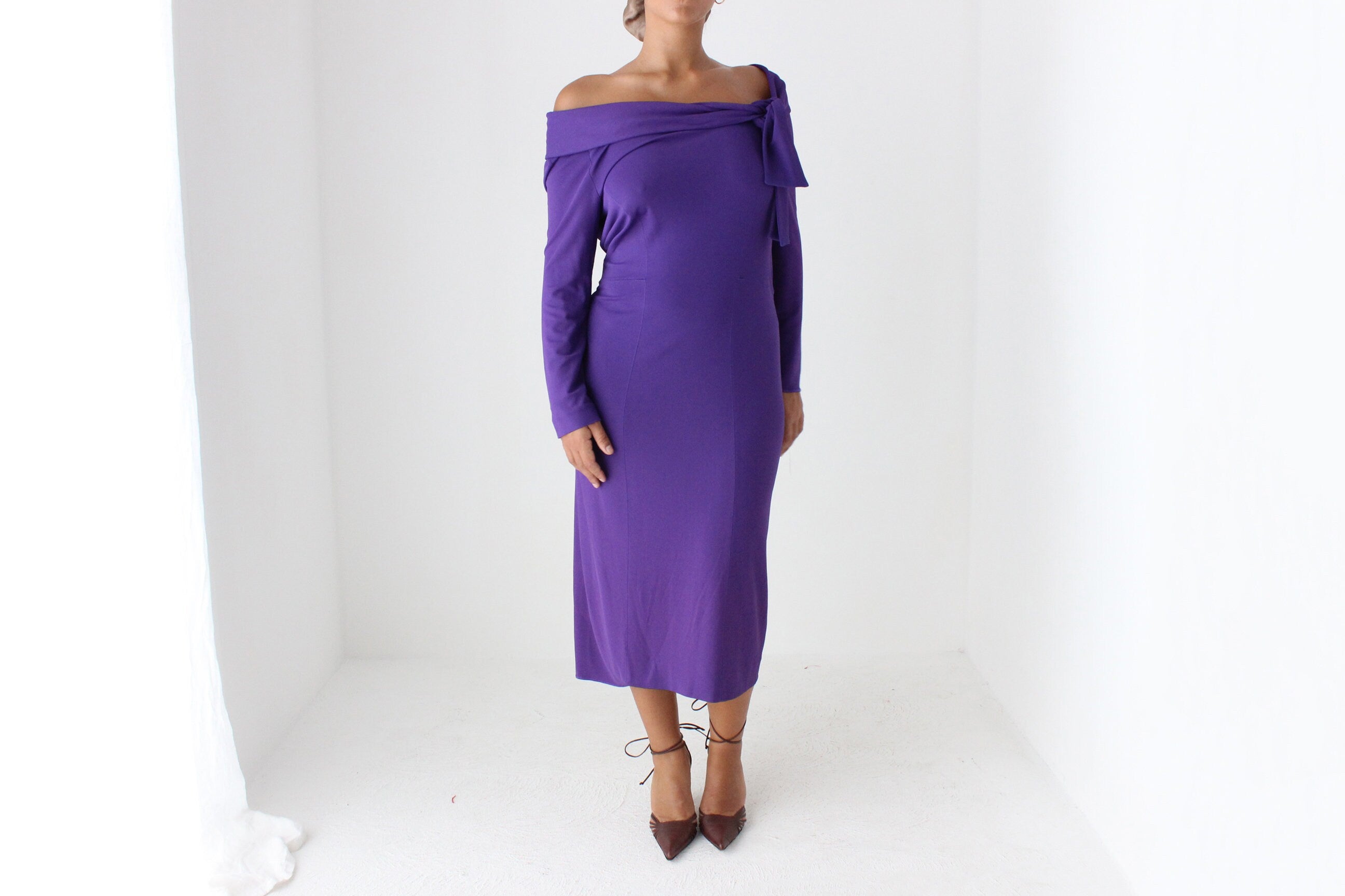 2000s Alberta Ferretti Royal Purple Fitted Off Shoulder Dress