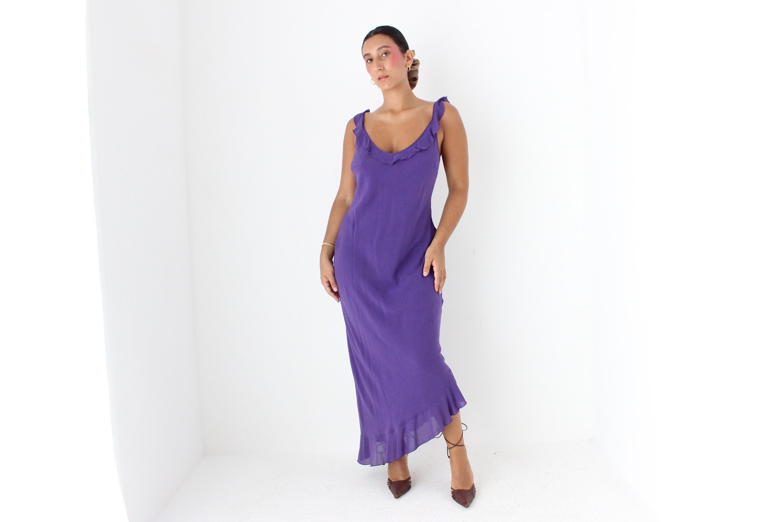 Sultry Y2K PURE SILK Plunge Ruffle Neck Bias Cut Dress