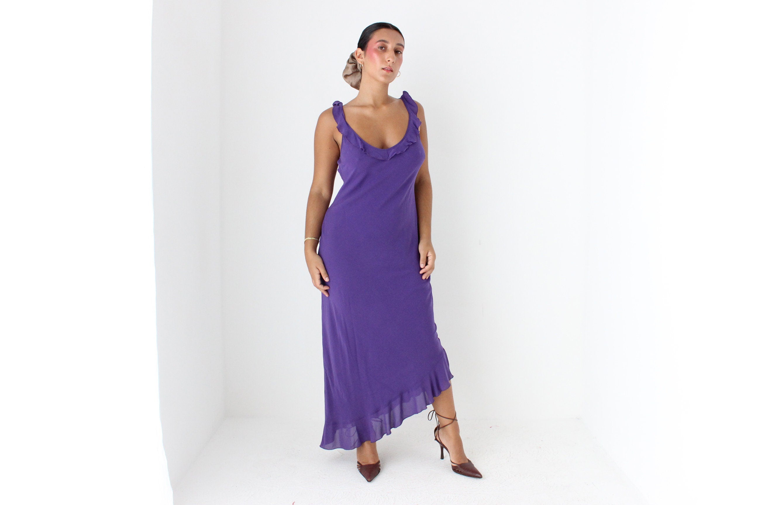 Sultry Y2K PURE SILK Plunge Ruffle Neck Bias Cut Dress