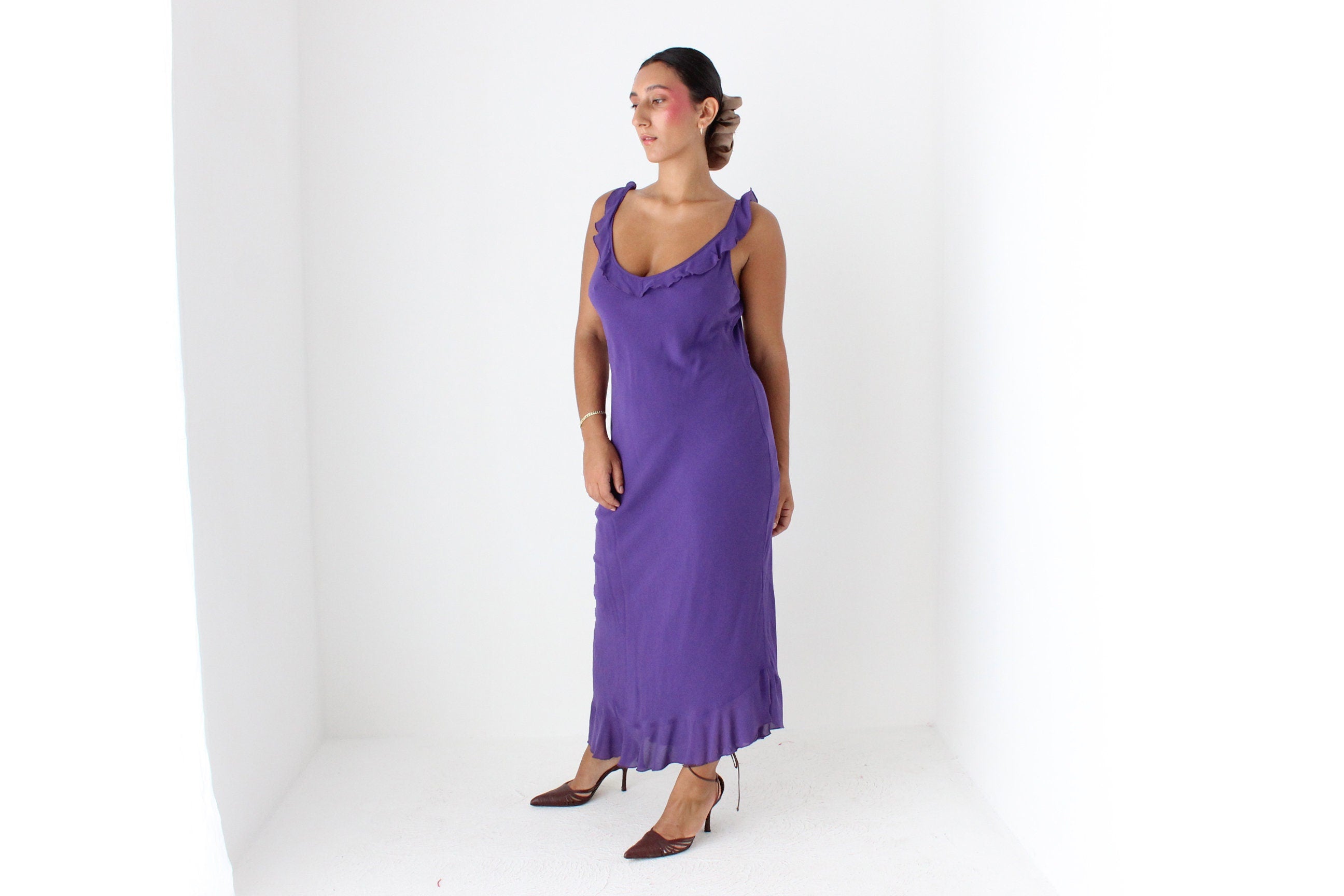 Sultry Y2K PURE SILK Plunge Ruffle Neck Bias Cut Dress