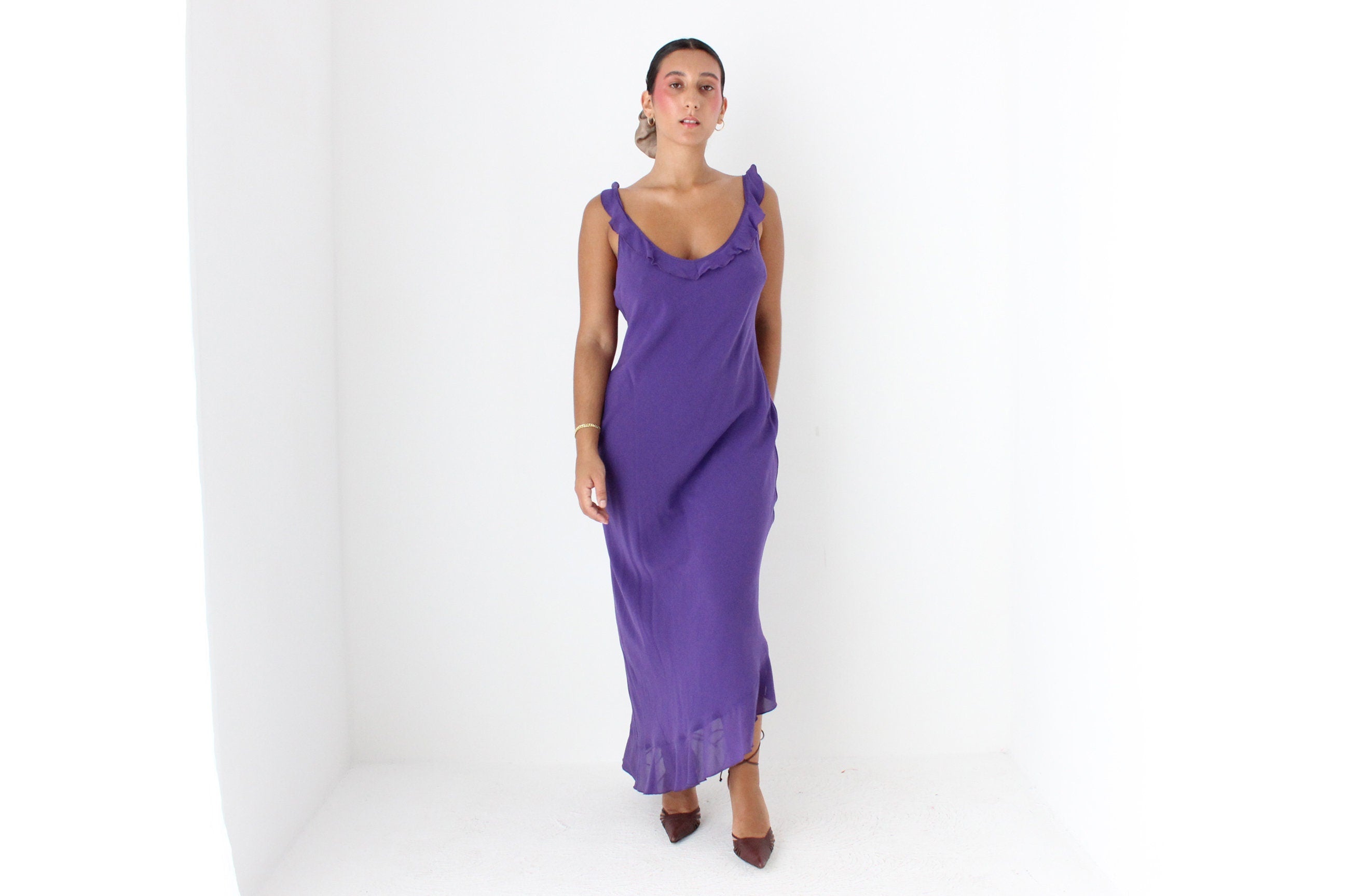Sultry Y2K PURE SILK Plunge Ruffle Neck Bias Cut Dress