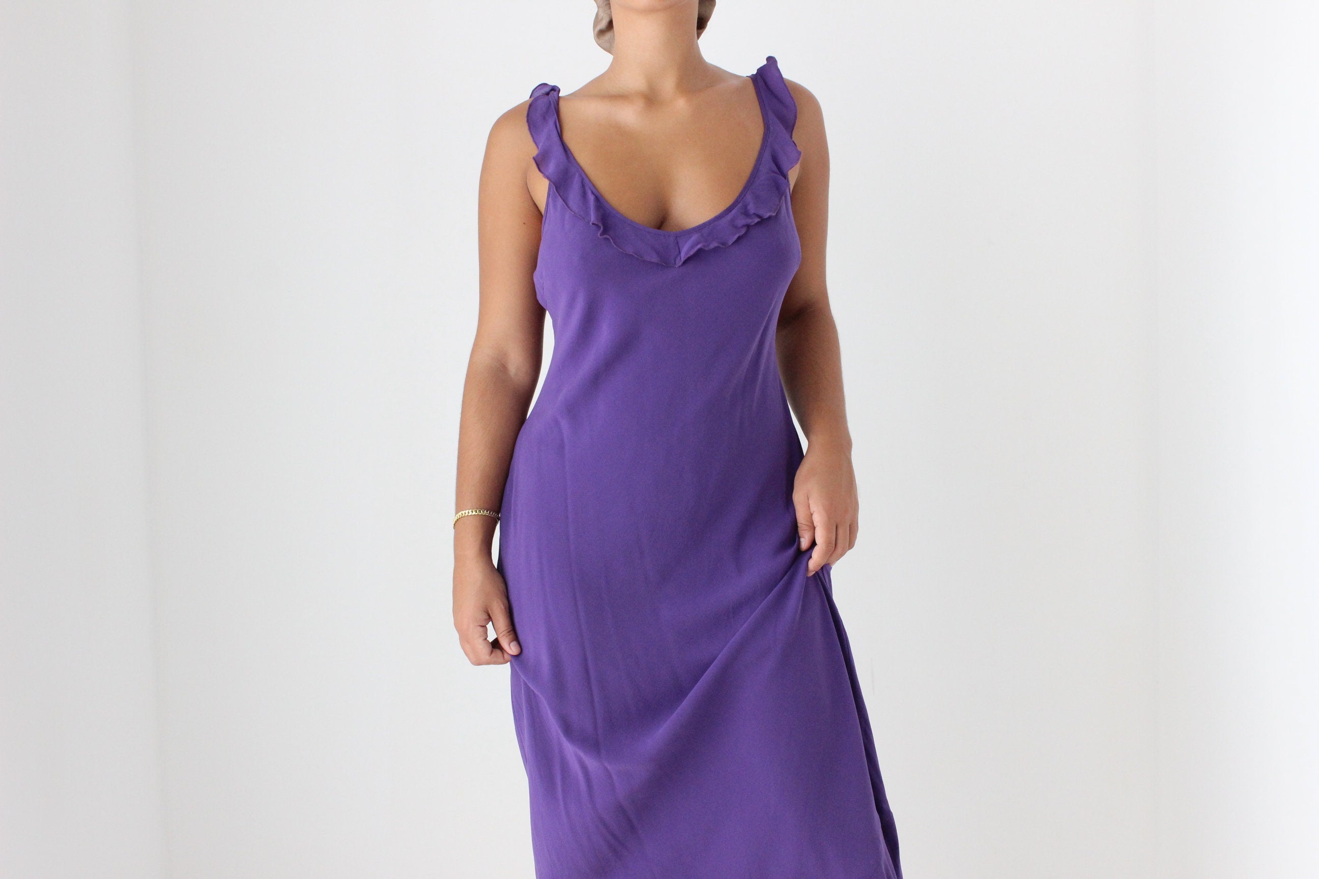 Sultry Y2K PURE SILK Plunge Ruffle Neck Bias Cut Dress