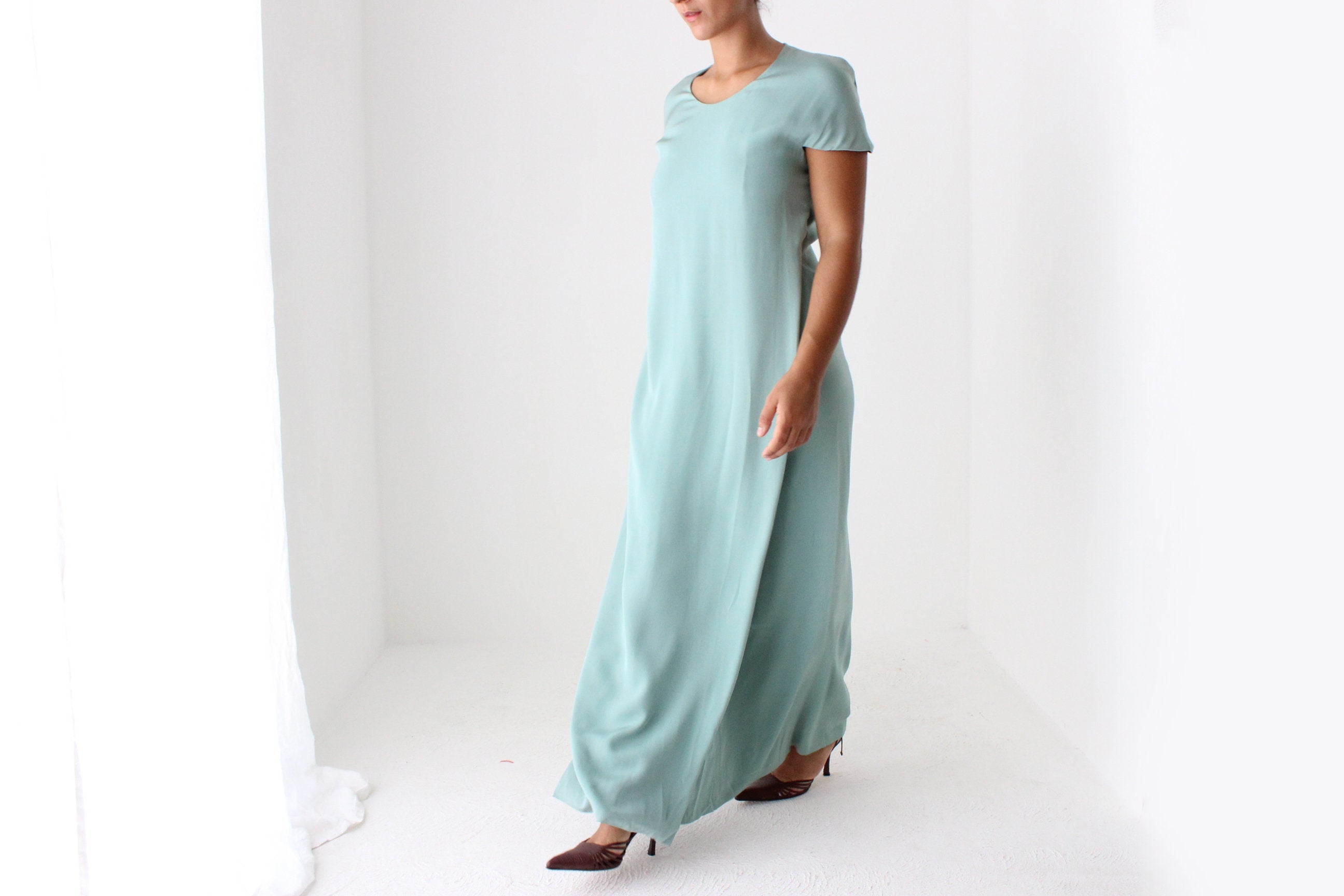 90s CALVIN KLEIN Mint Green Silk Minimal Gown
