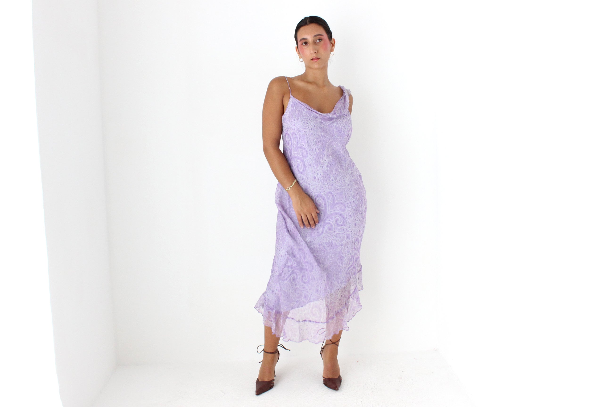 Y2K PURE SILK Paisley Pastel Asymmetric Slip Dress