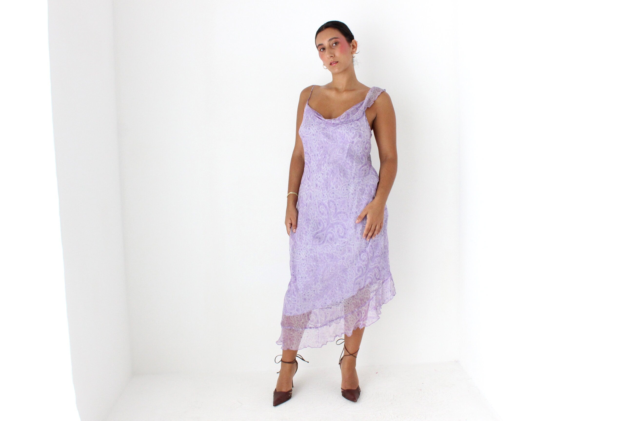 Y2K PURE SILK Paisley Pastel Asymmetric Slip Dress