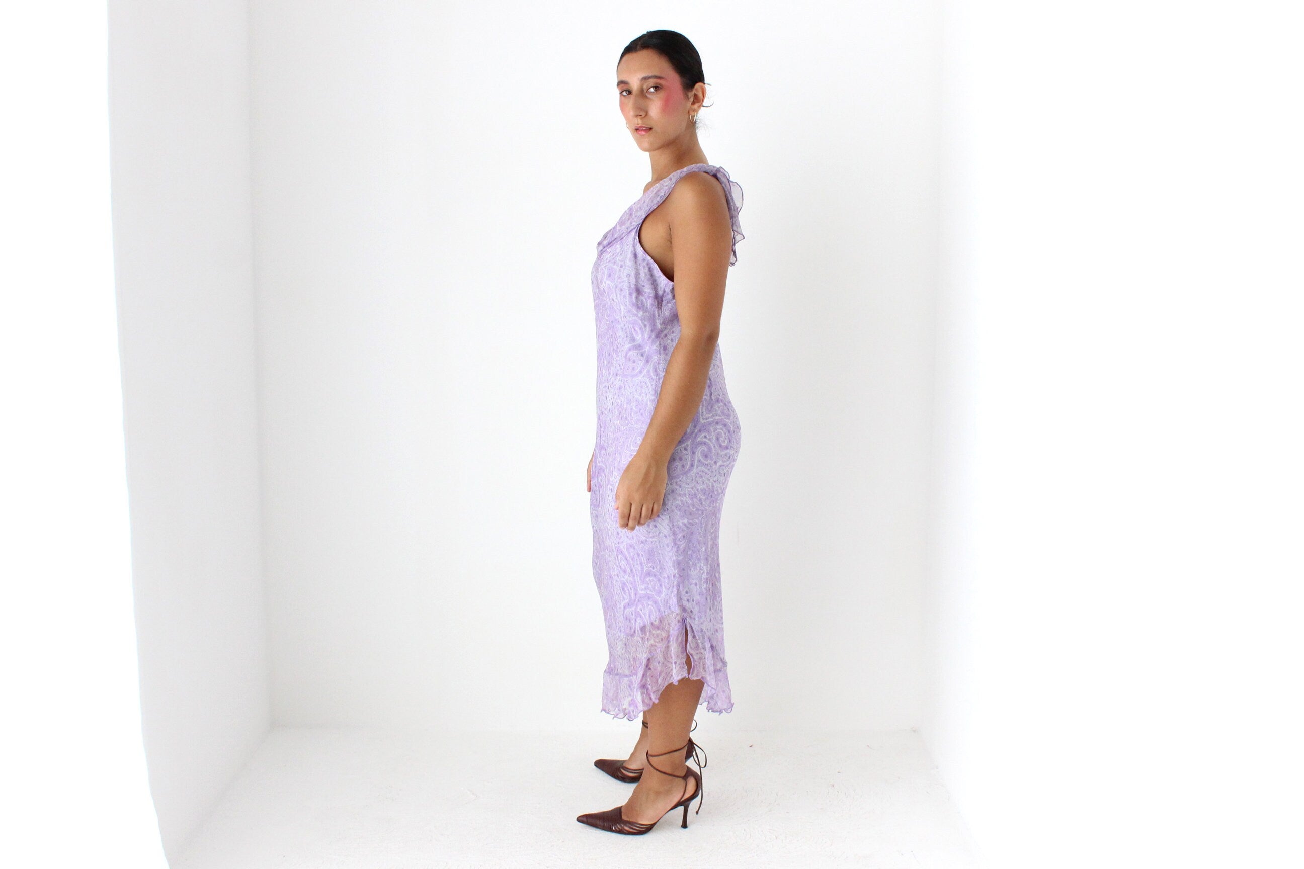 Y2K PURE SILK Paisley Pastel Asymmetric Slip Dress