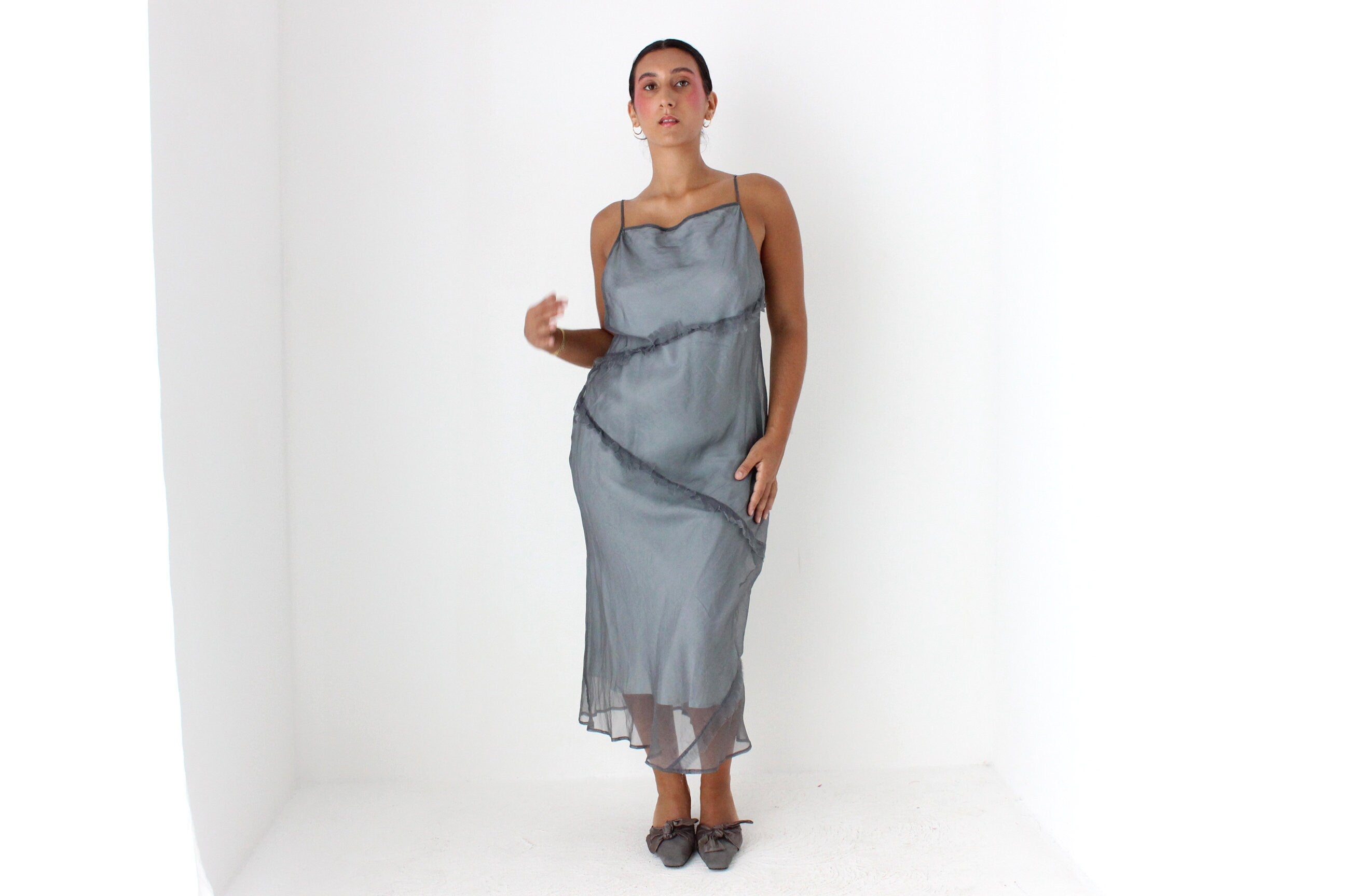 90s CUE Etherial Silk Organza Bias Cut Straight Neck Slip Dress