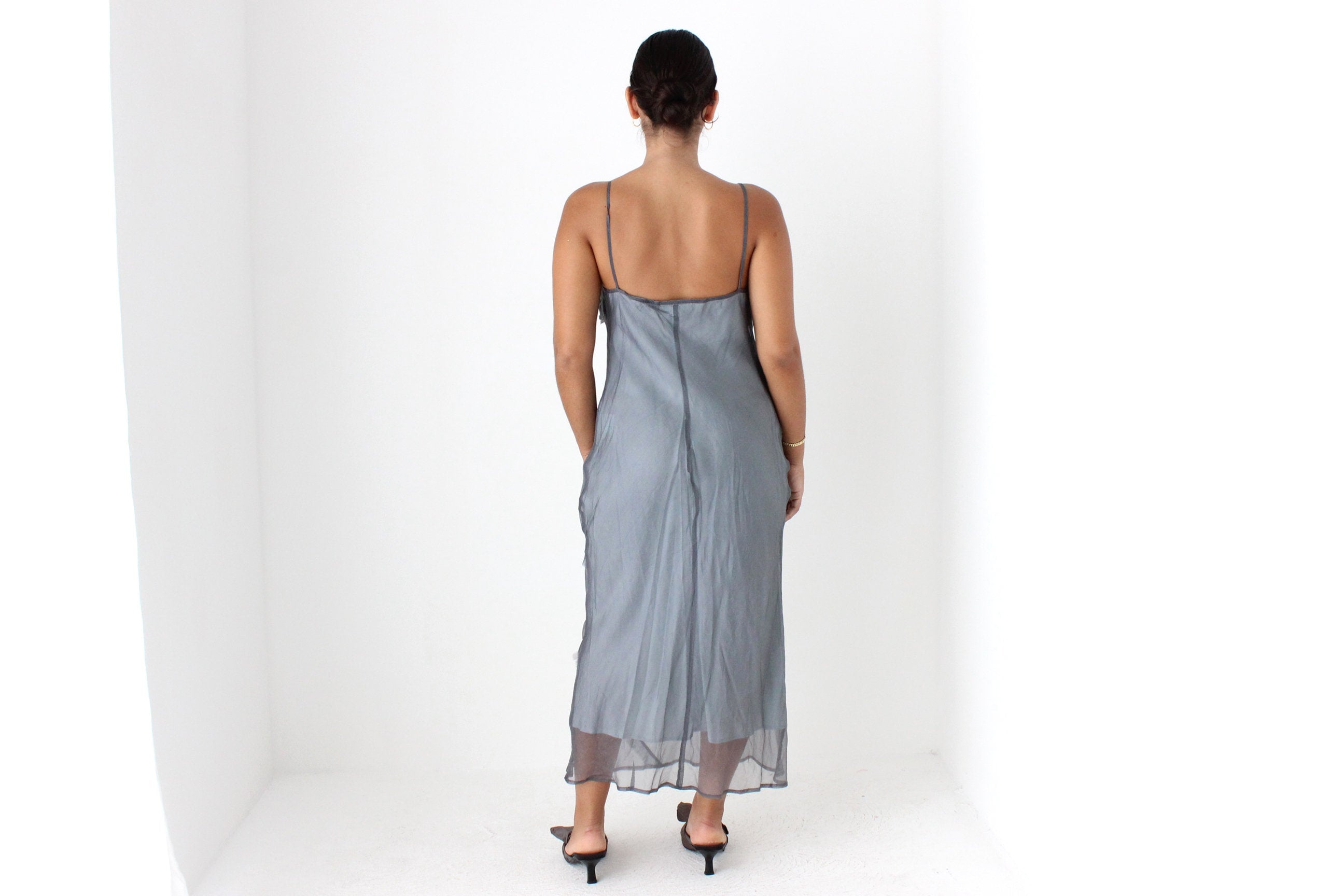 90s CUE Etherial Silk Organza Bias Cut Straight Neck Slip Dress