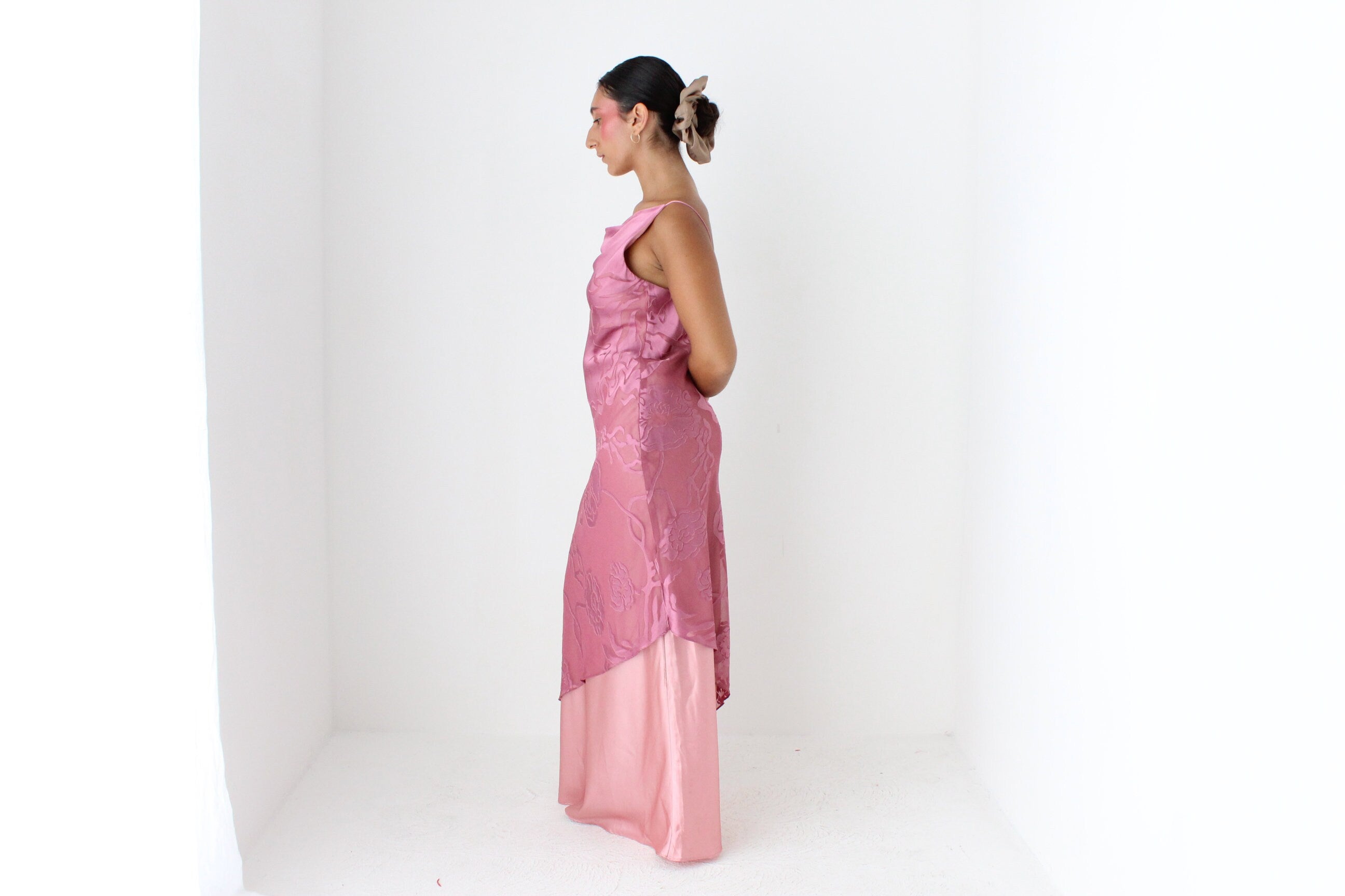 Y2K Layered Satin Cowl Neck Party Gown