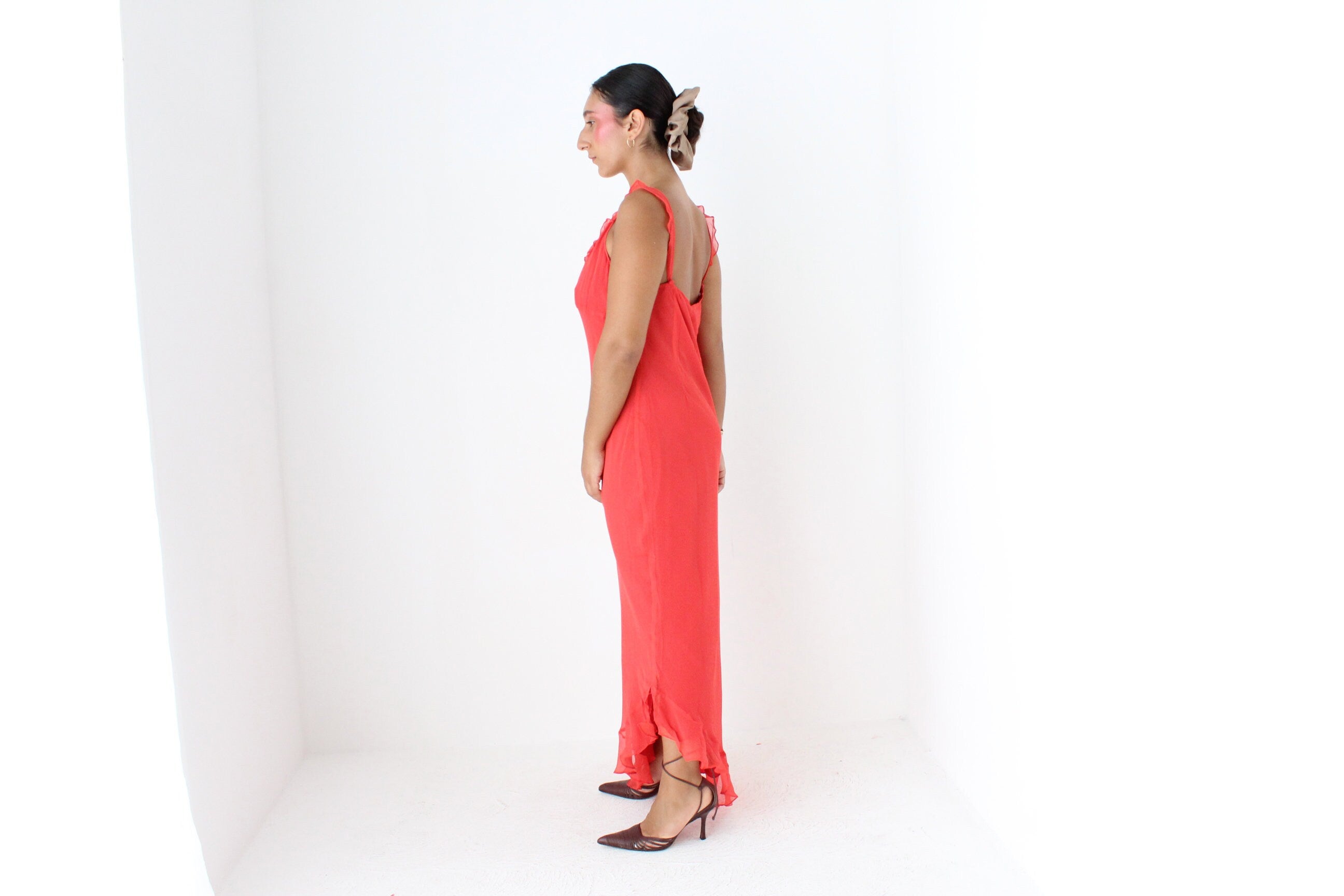 Y2K Coral Pure Silk Bias Cut Slip Dress
