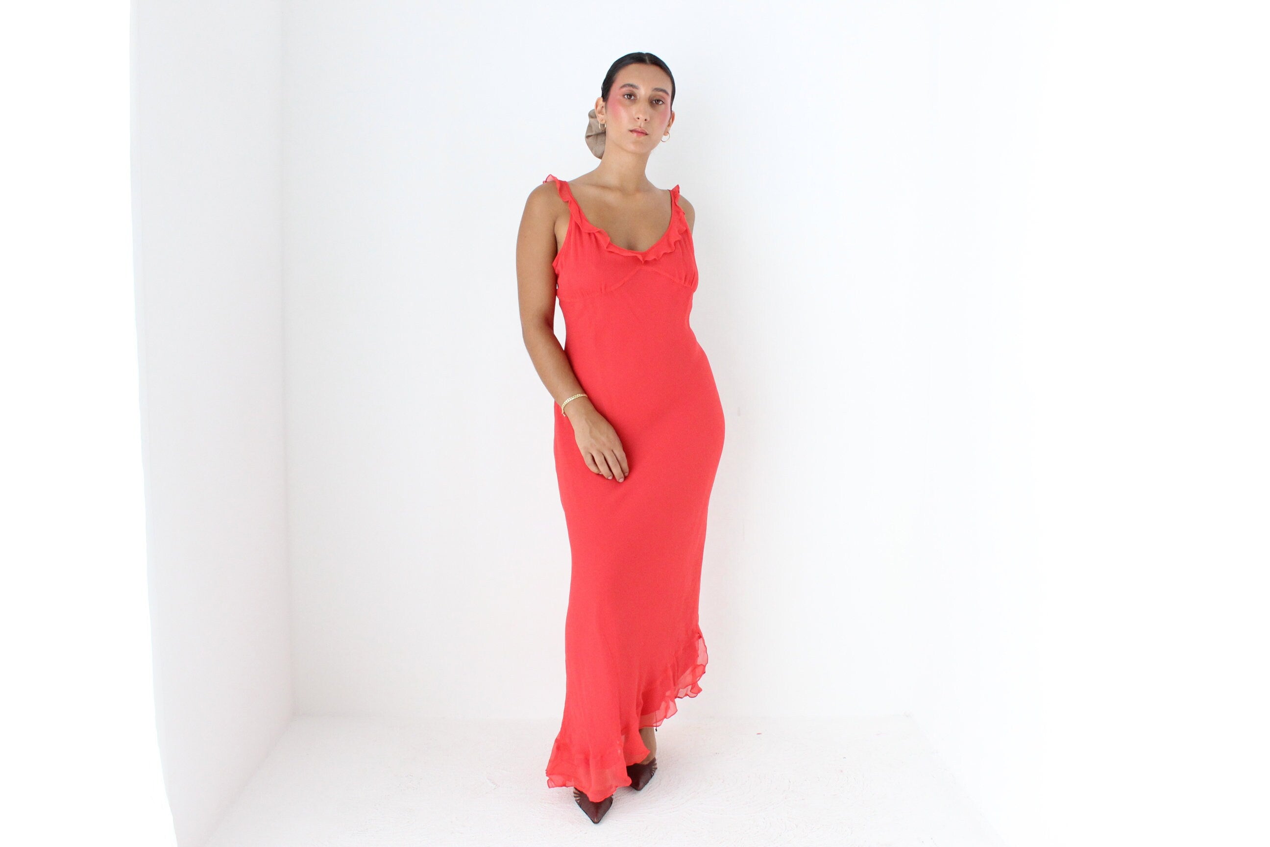 Y2K Coral Pure Silk Bias Cut Slip Dress