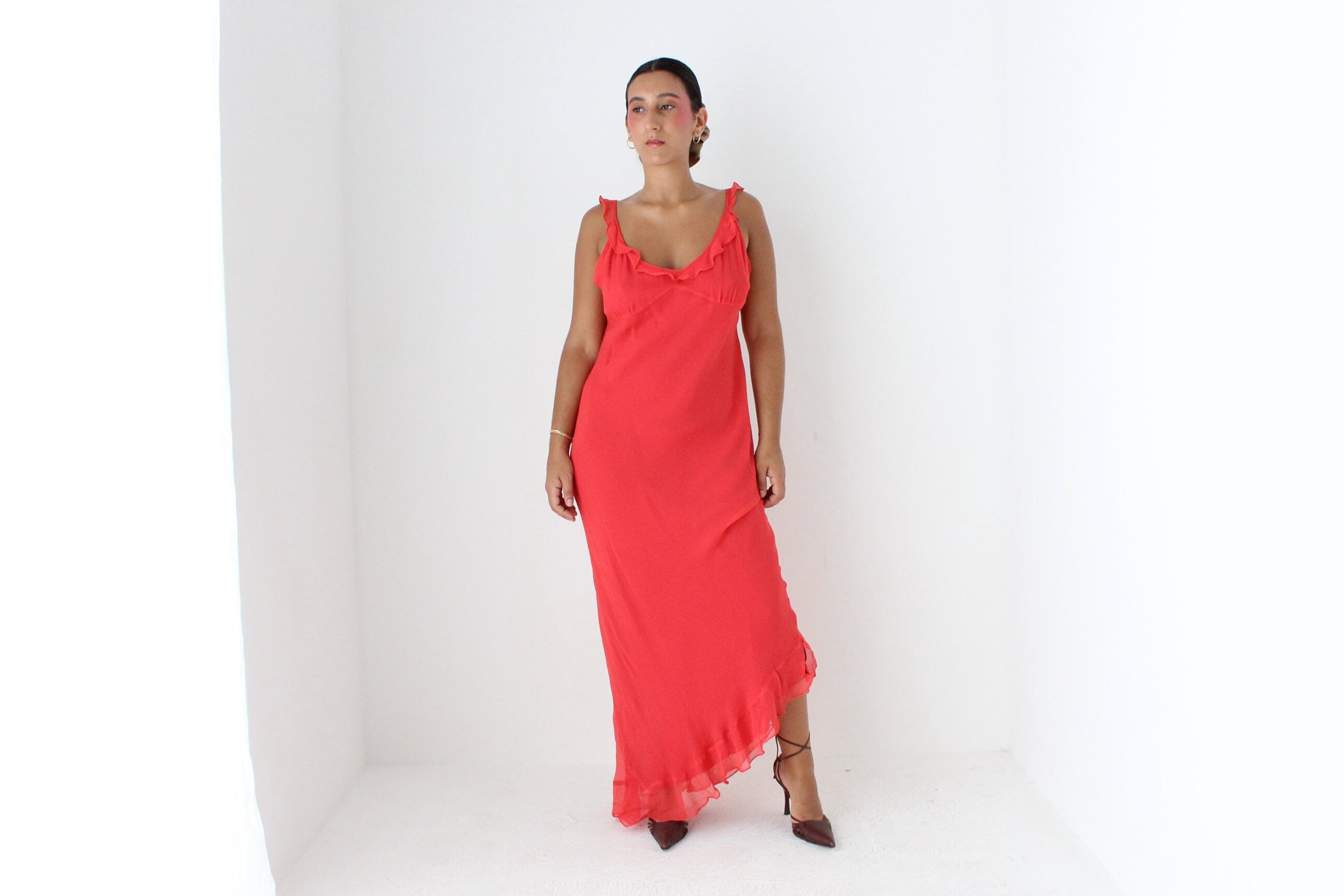 Y2K Coral Pure Silk Bias Cut Slip Dress