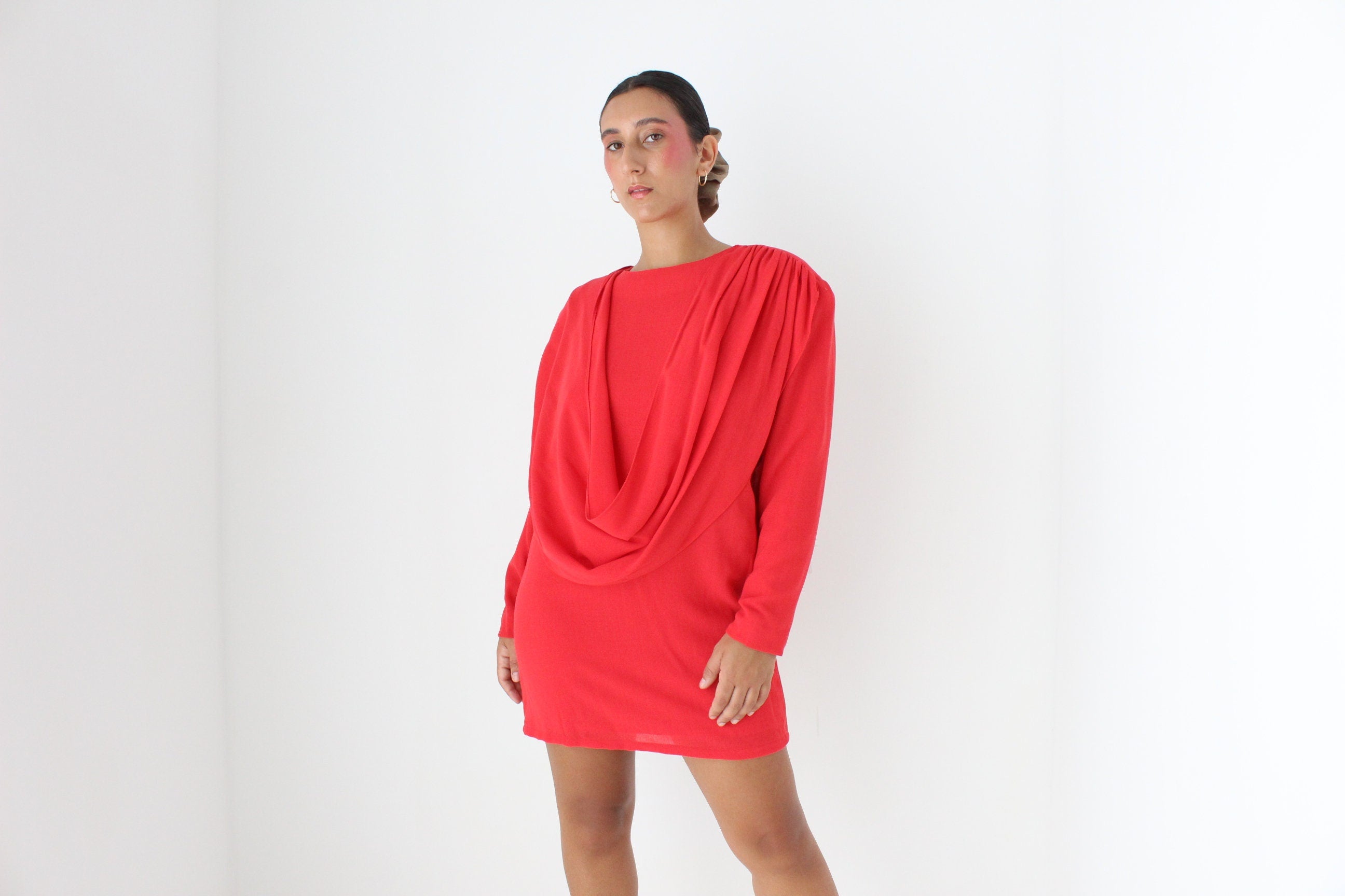 80s Coral Red Draped Disco Mini Dress