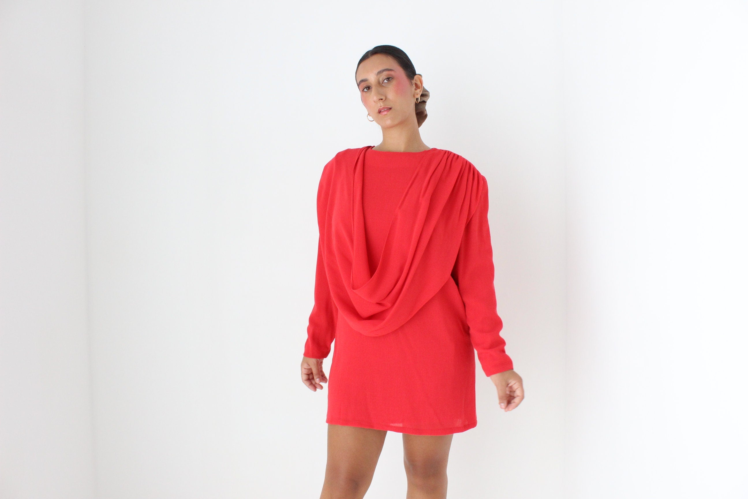 80s Coral Red Draped Disco Mini Dress