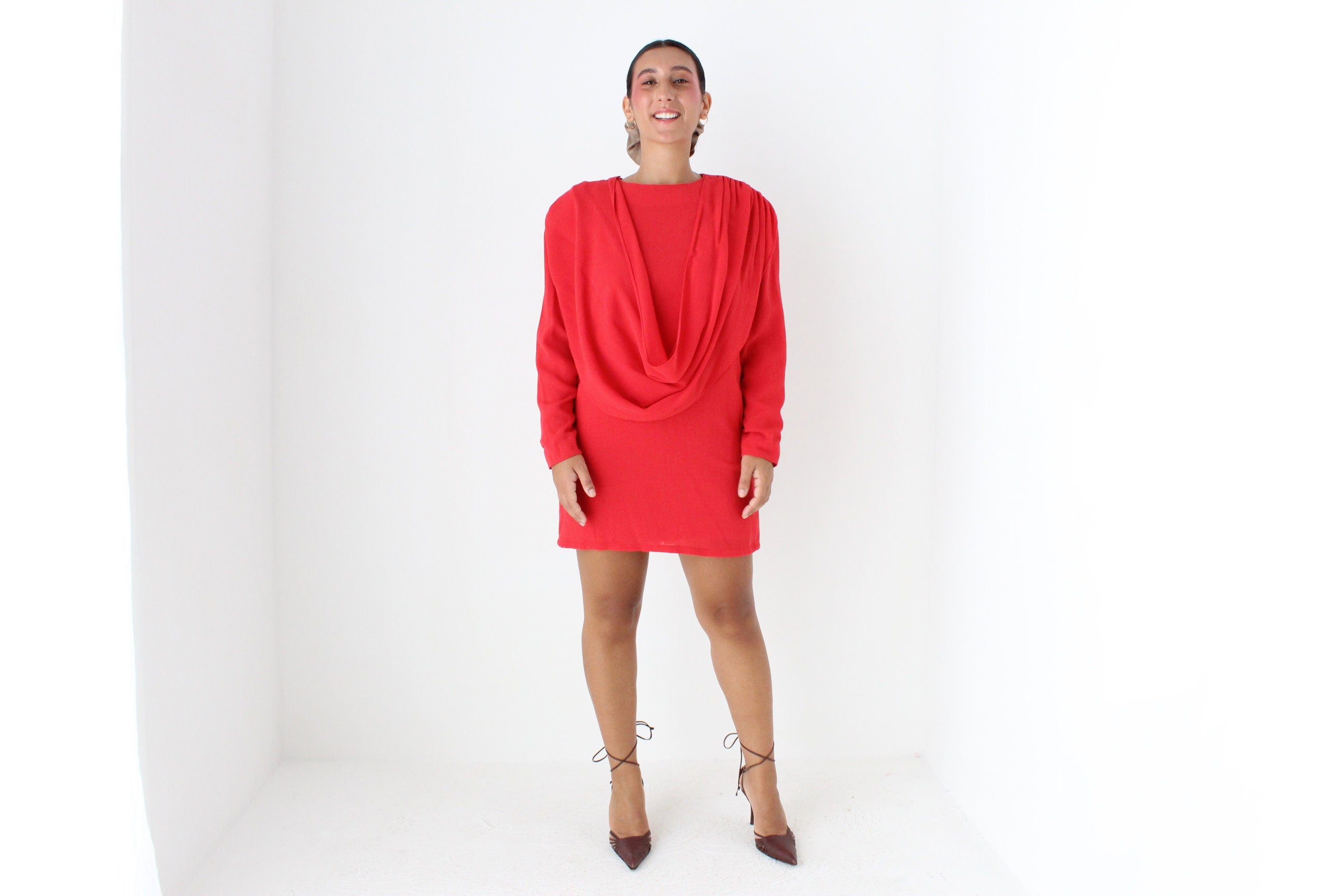 80s Coral Red Draped Disco Mini Dress