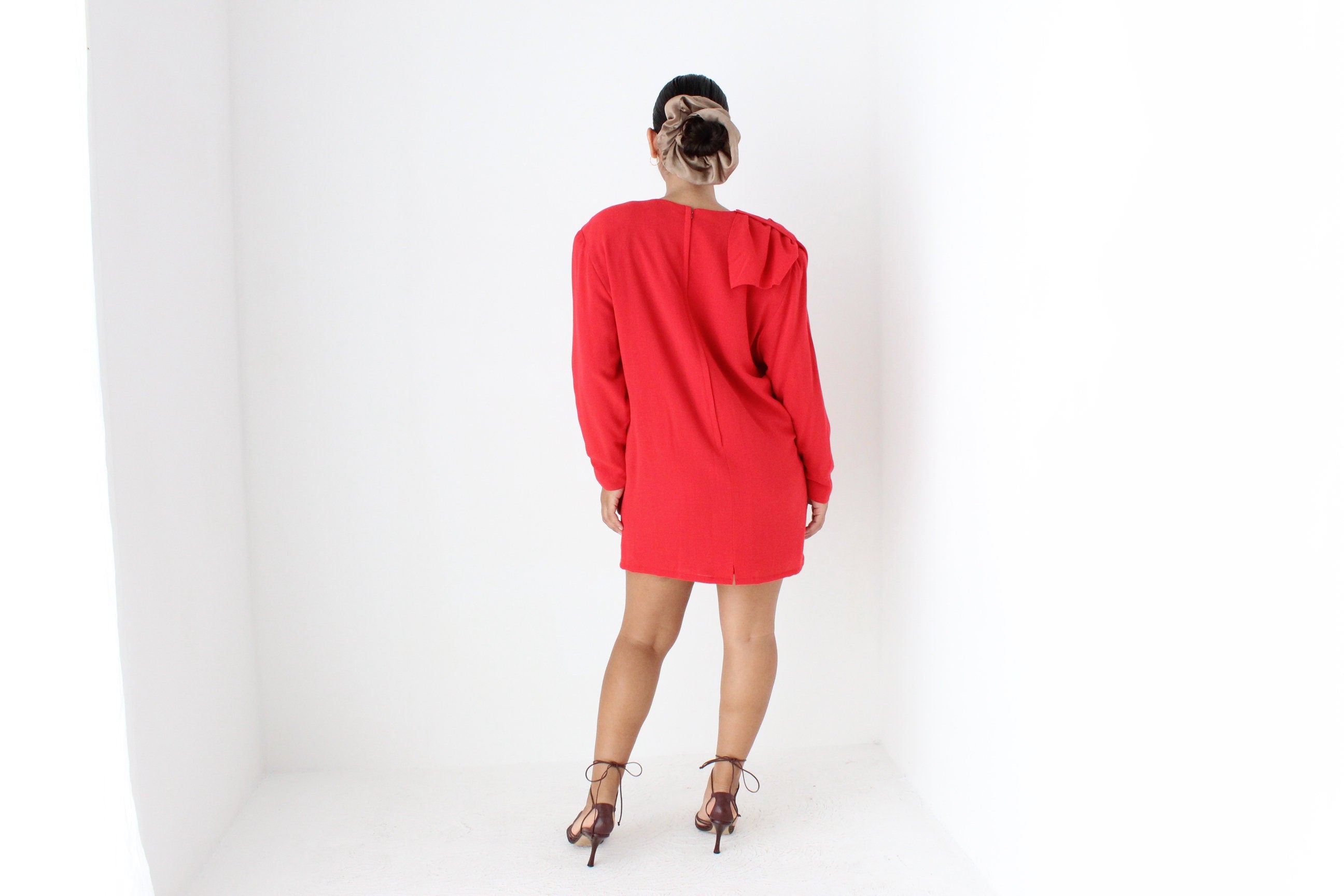 80s Coral Red Draped Disco Mini Dress