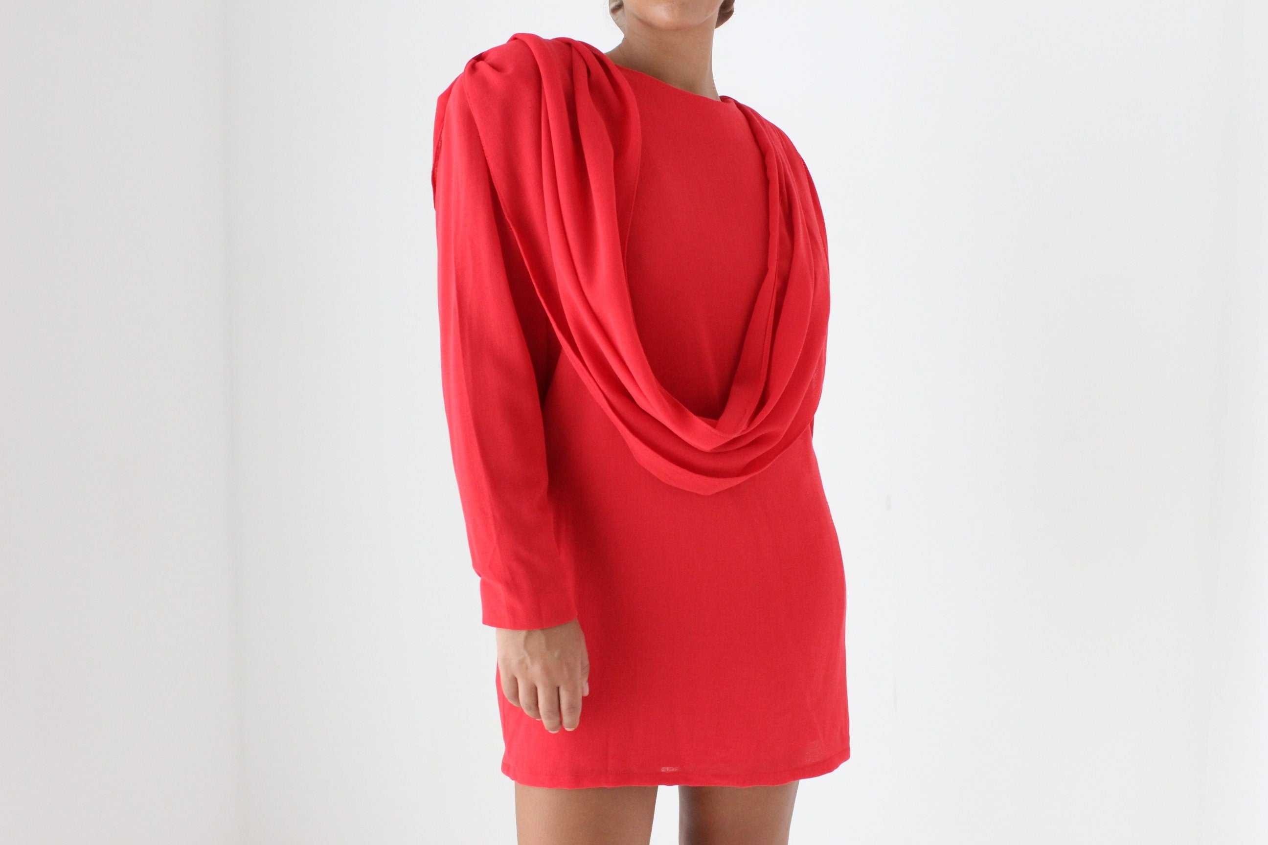 80s Coral Red Draped Disco Mini Dress