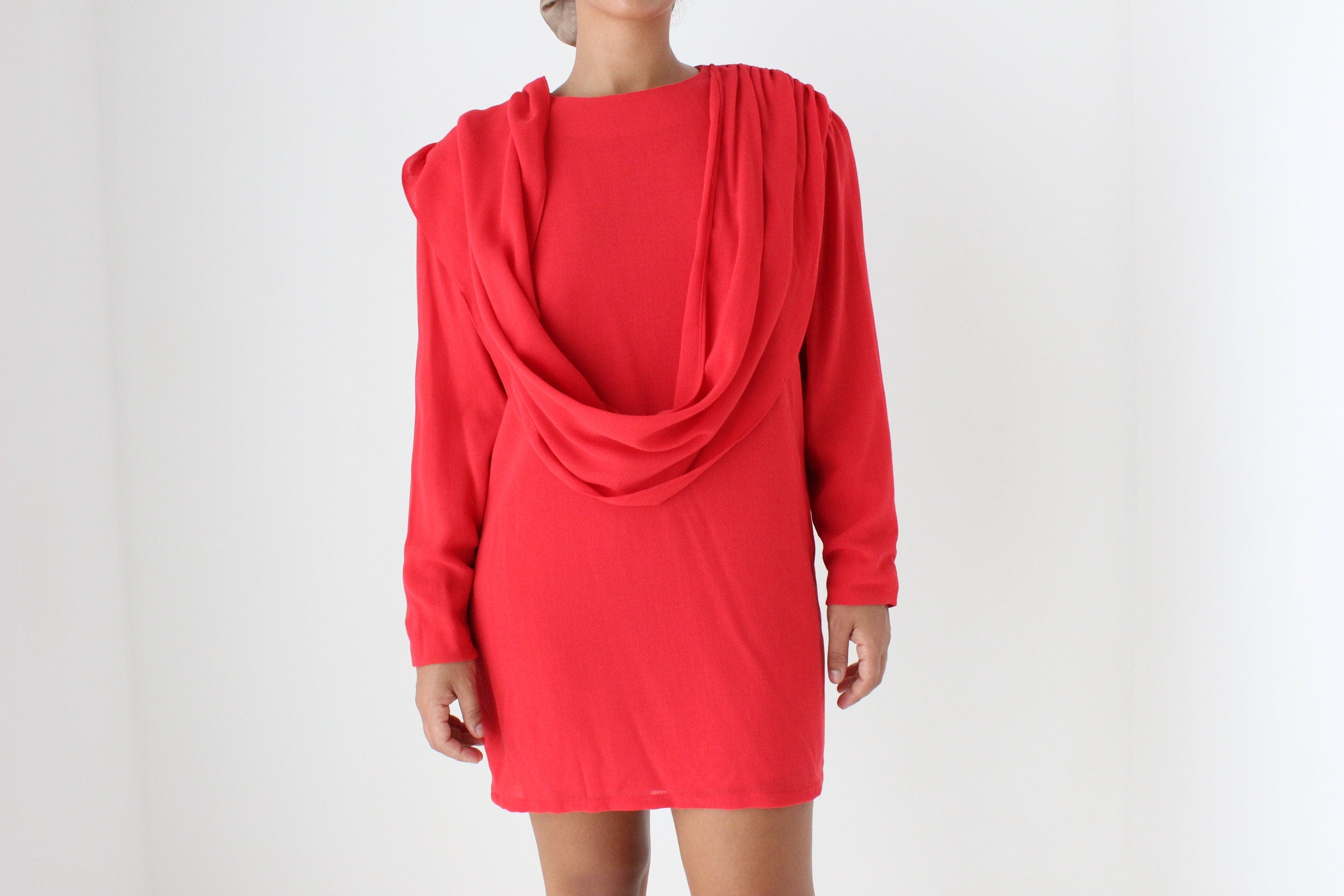 80s Coral Red Draped Disco Mini Dress