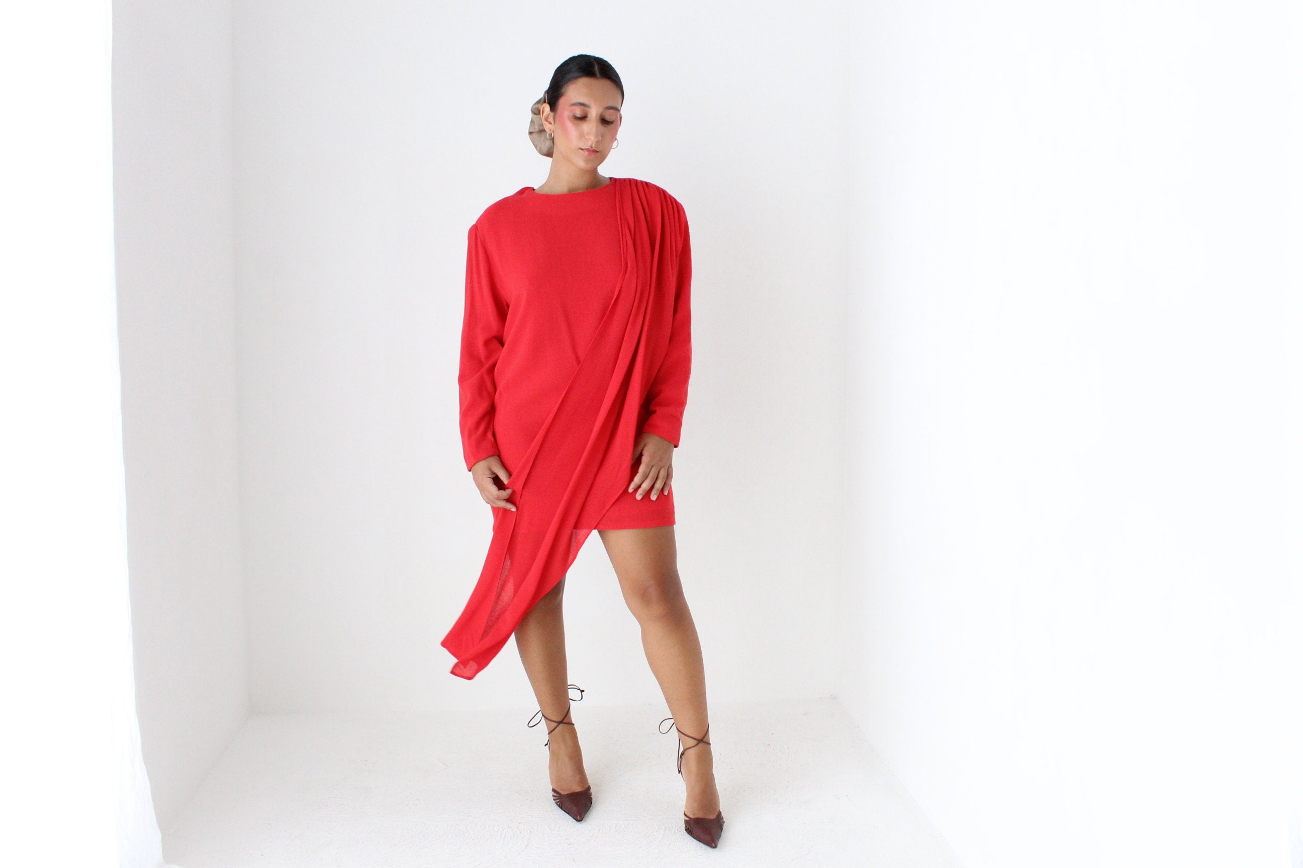 80s Coral Red Draped Disco Mini Dress