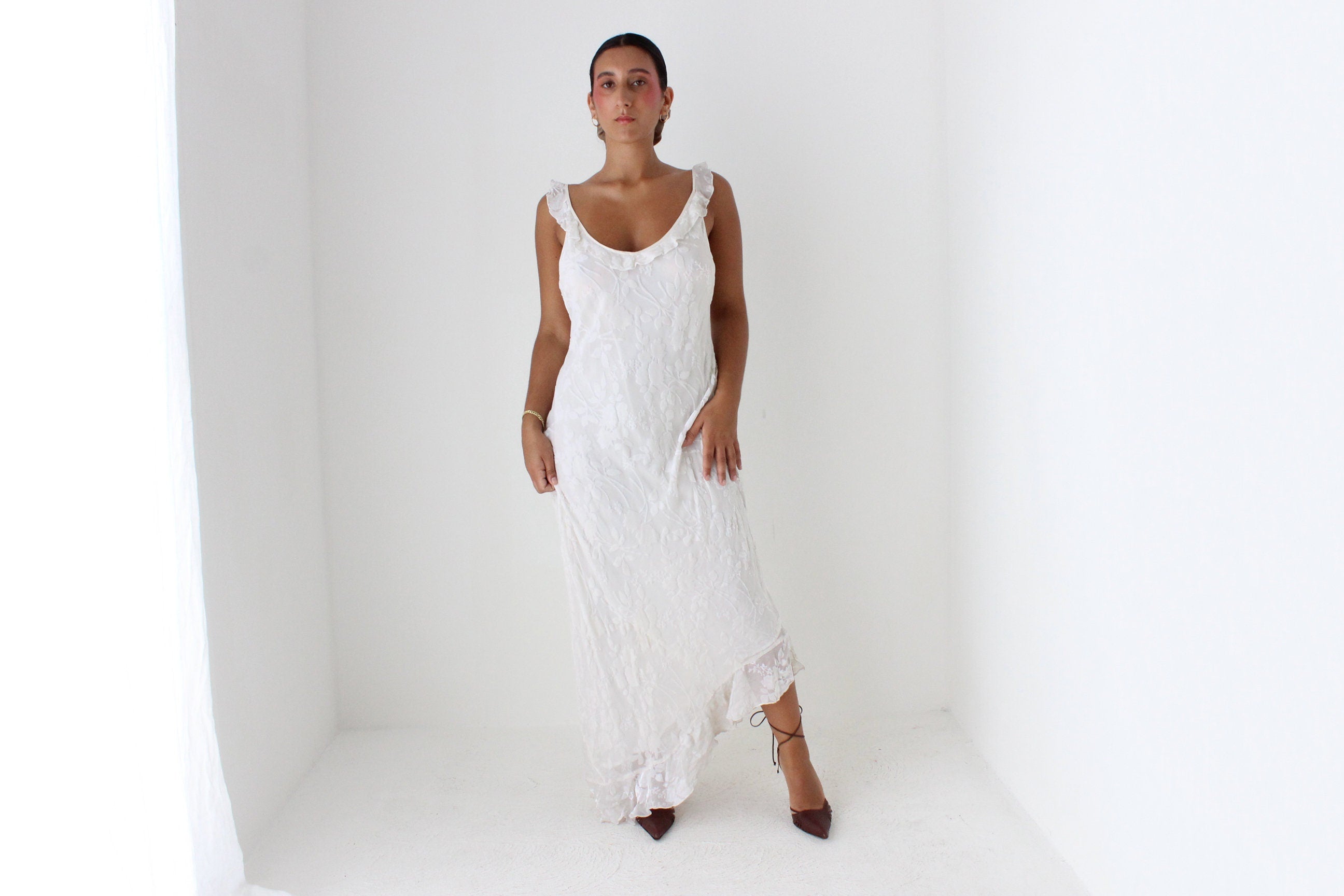 Y2K PURE SILK Ivory Velvet Burnout Bias Cut Ruffle Dress