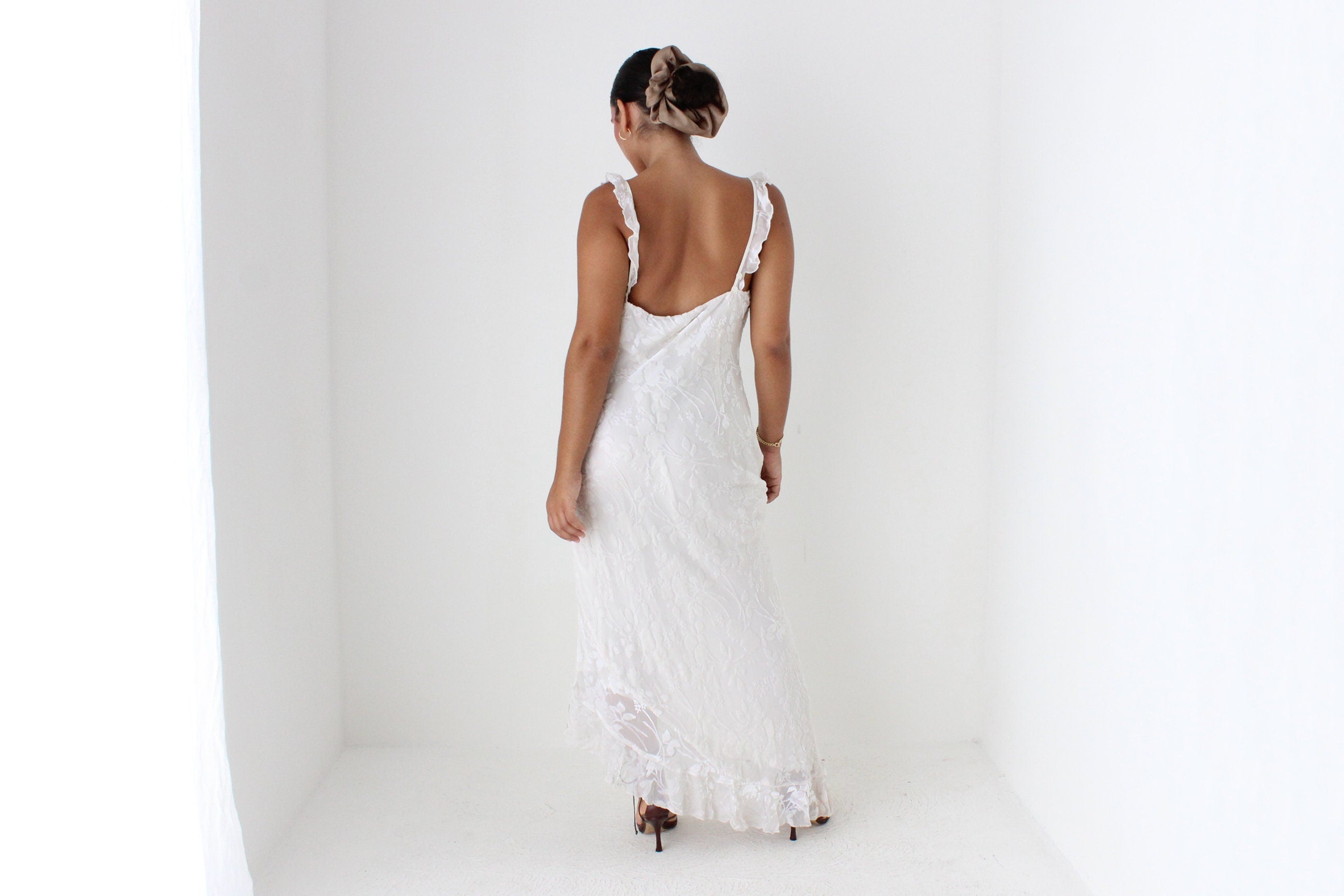 Y2K PURE SILK Ivory Velvet Burnout Bias Cut Ruffle Dress