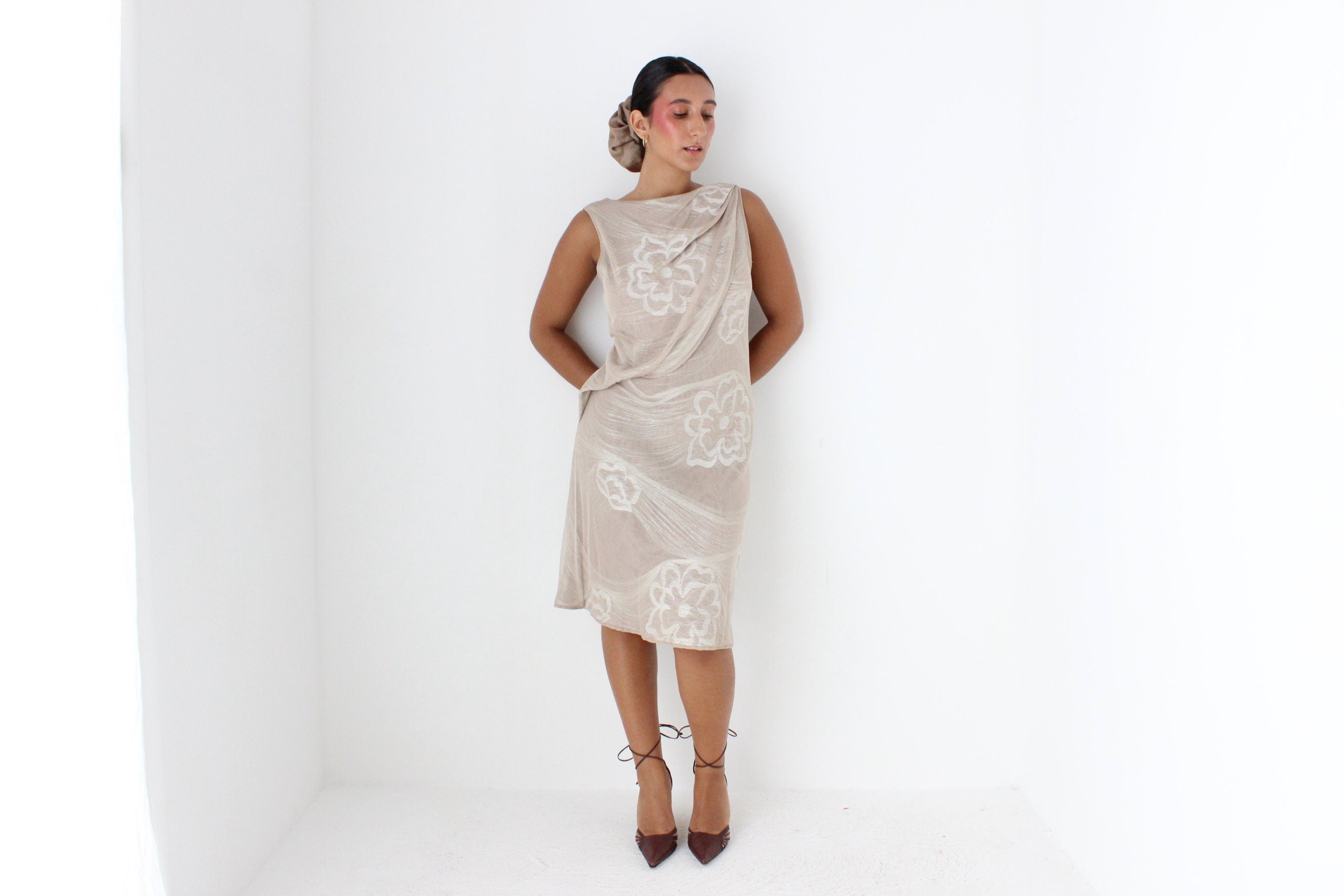 Y2K Giorgio Armani Neutral & Gold Metallic Sculptural Knit Dress