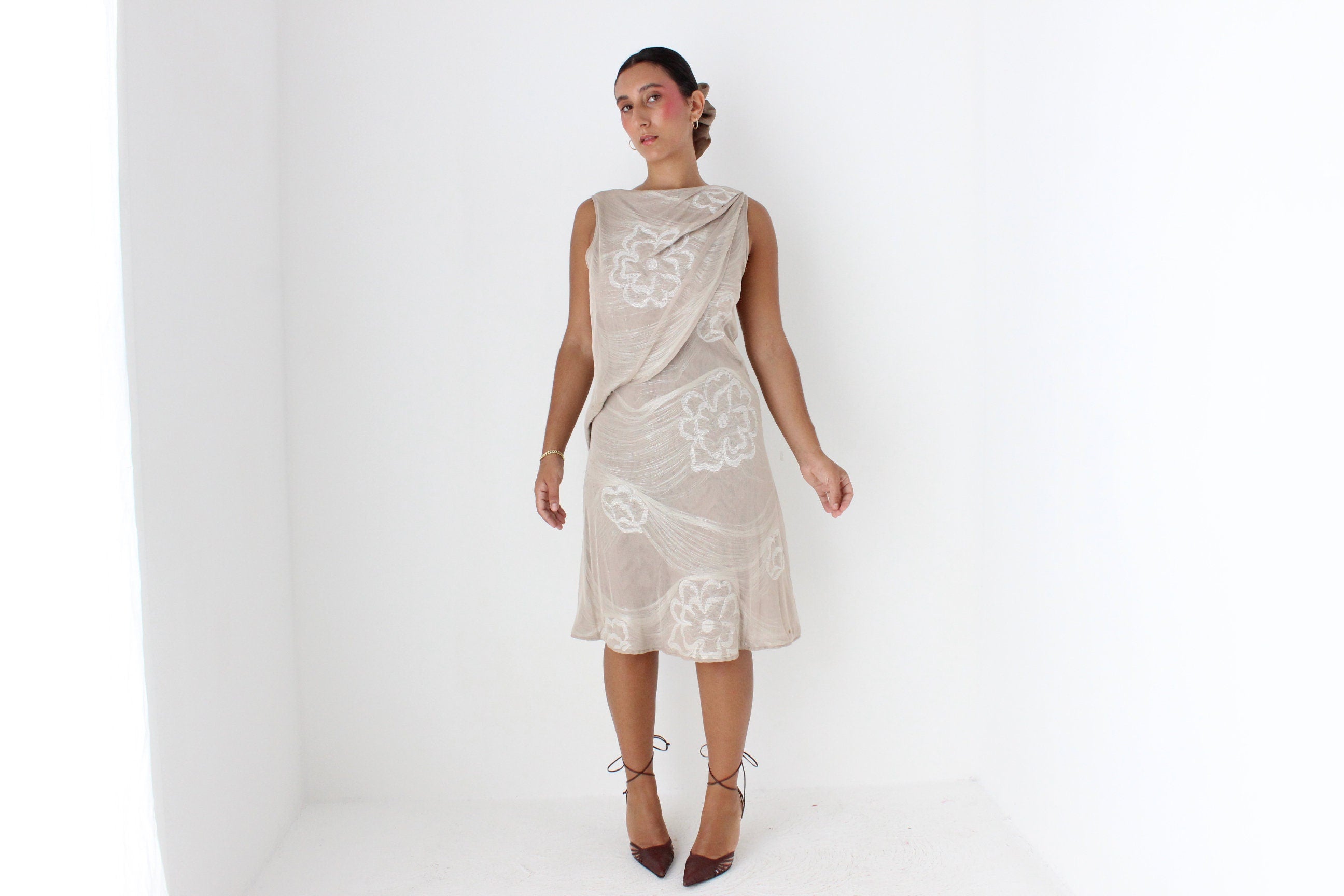 Y2K Giorgio Armani Neutral & Gold Metallic Sculptural Knit Dress