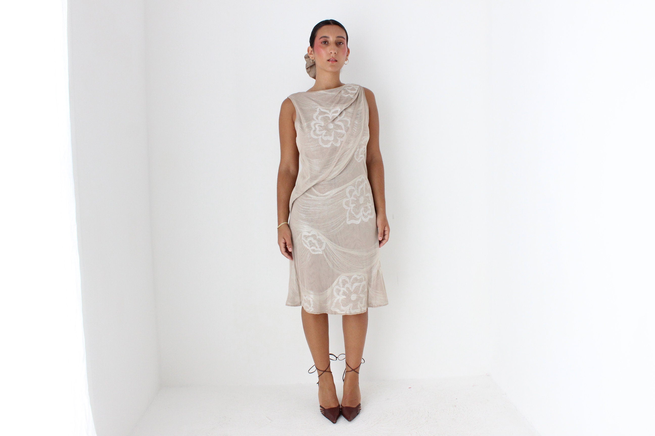 Y2K Giorgio Armani Neutral & Gold Metallic Sculptural Knit Dress