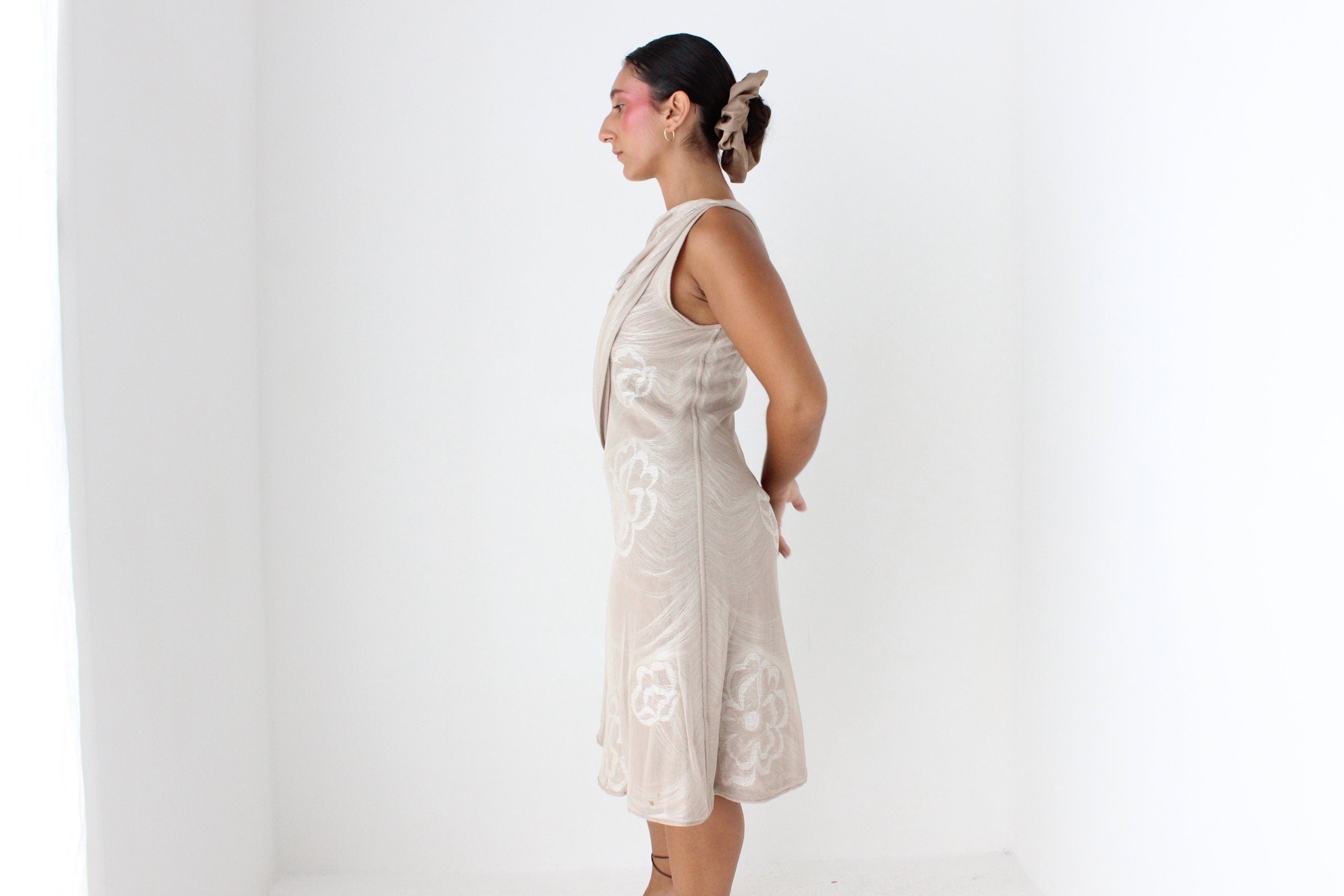 Y2K Giorgio Armani Neutral & Gold Metallic Sculptural Knit Dress