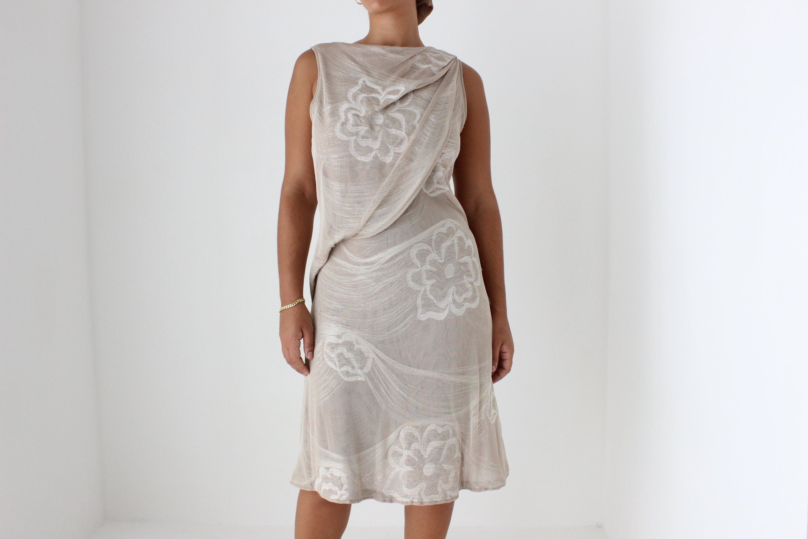 Y2K Giorgio Armani Neutral & Gold Metallic Sculptural Knit Dress