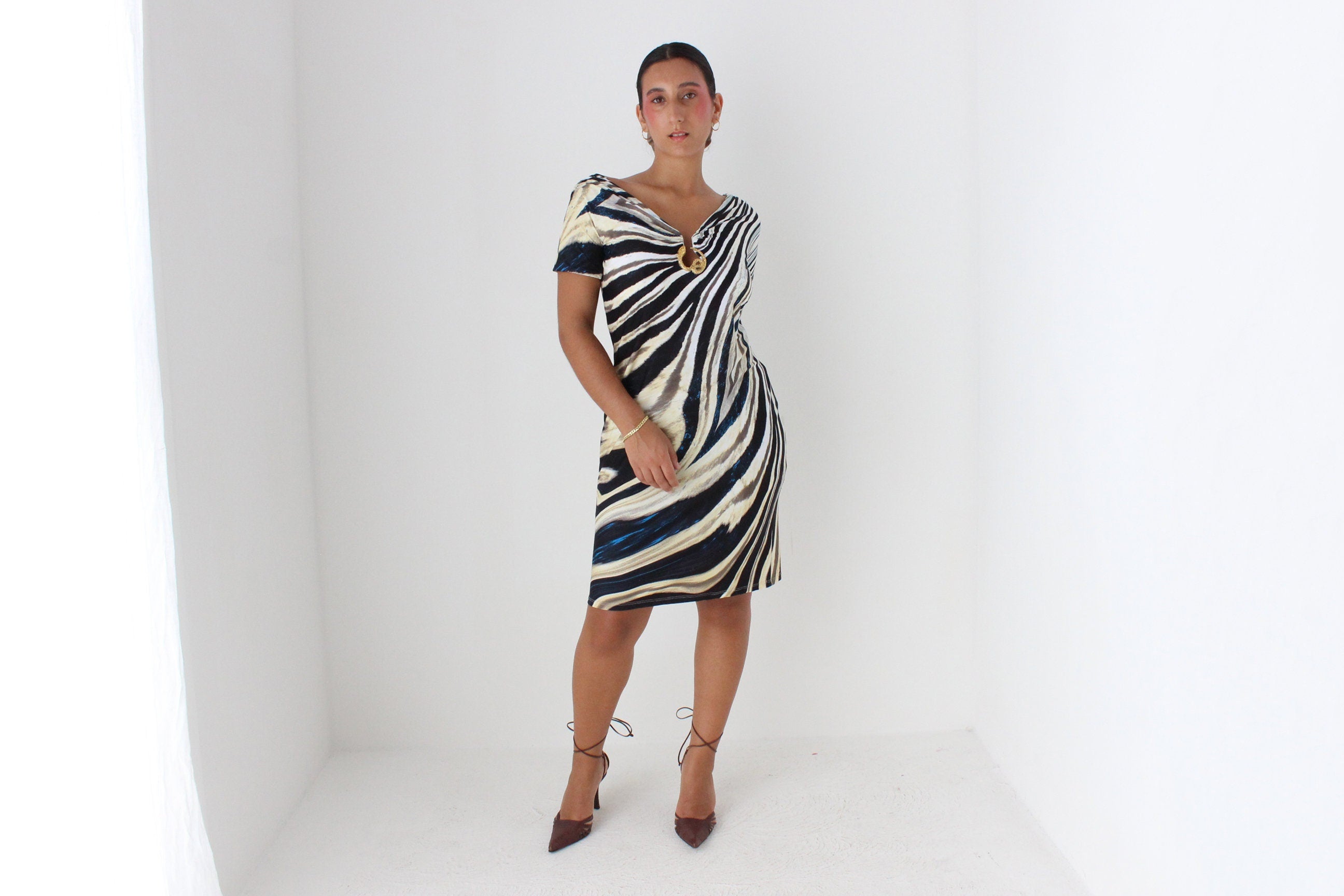 Y2K ROBERTO CAVALLI Animal Bandage Dress w/ Gold Metal Snake