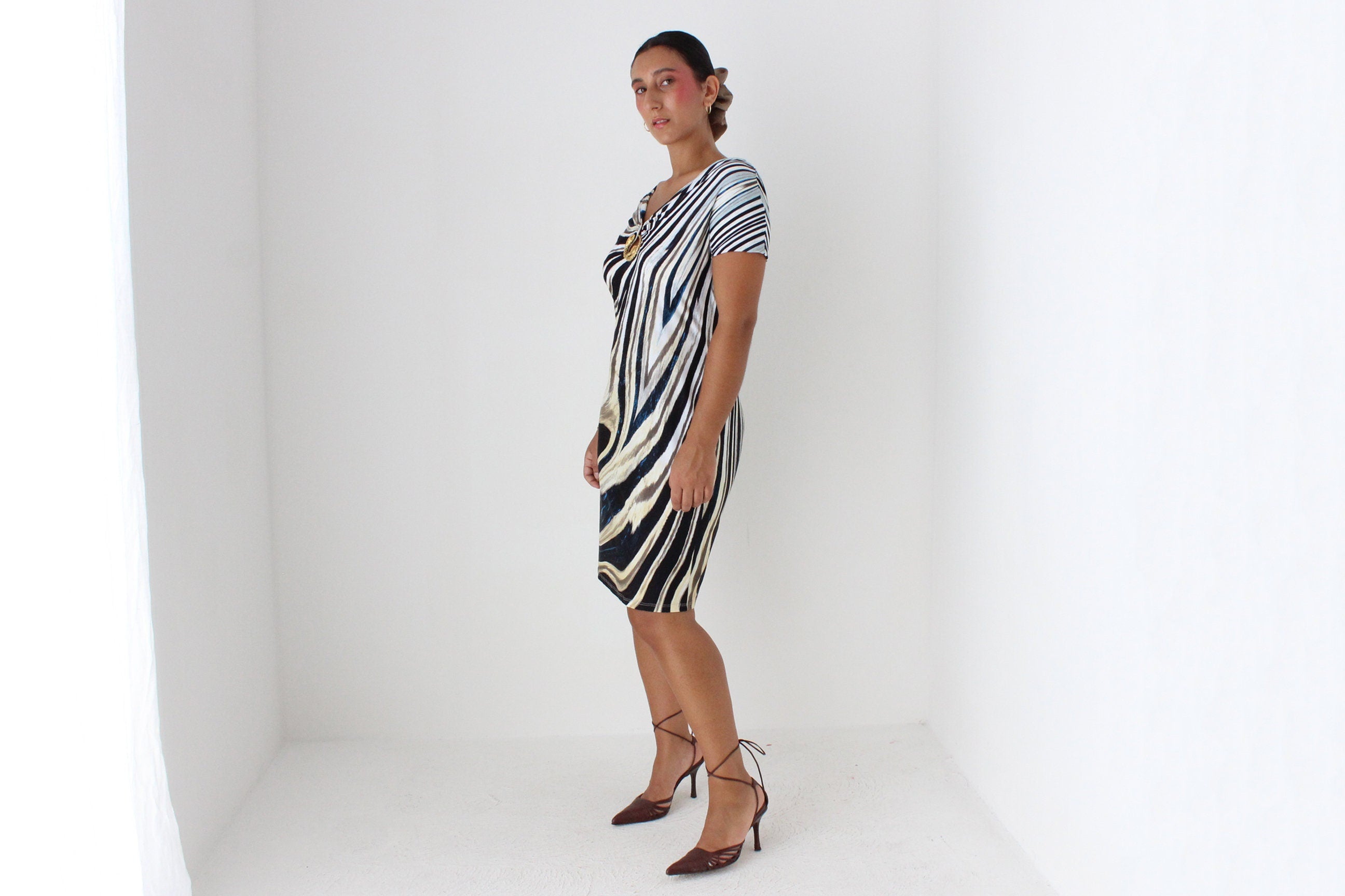 Y2K ROBERTO CAVALLI Animal Bandage Dress w/ Gold Metal Snake