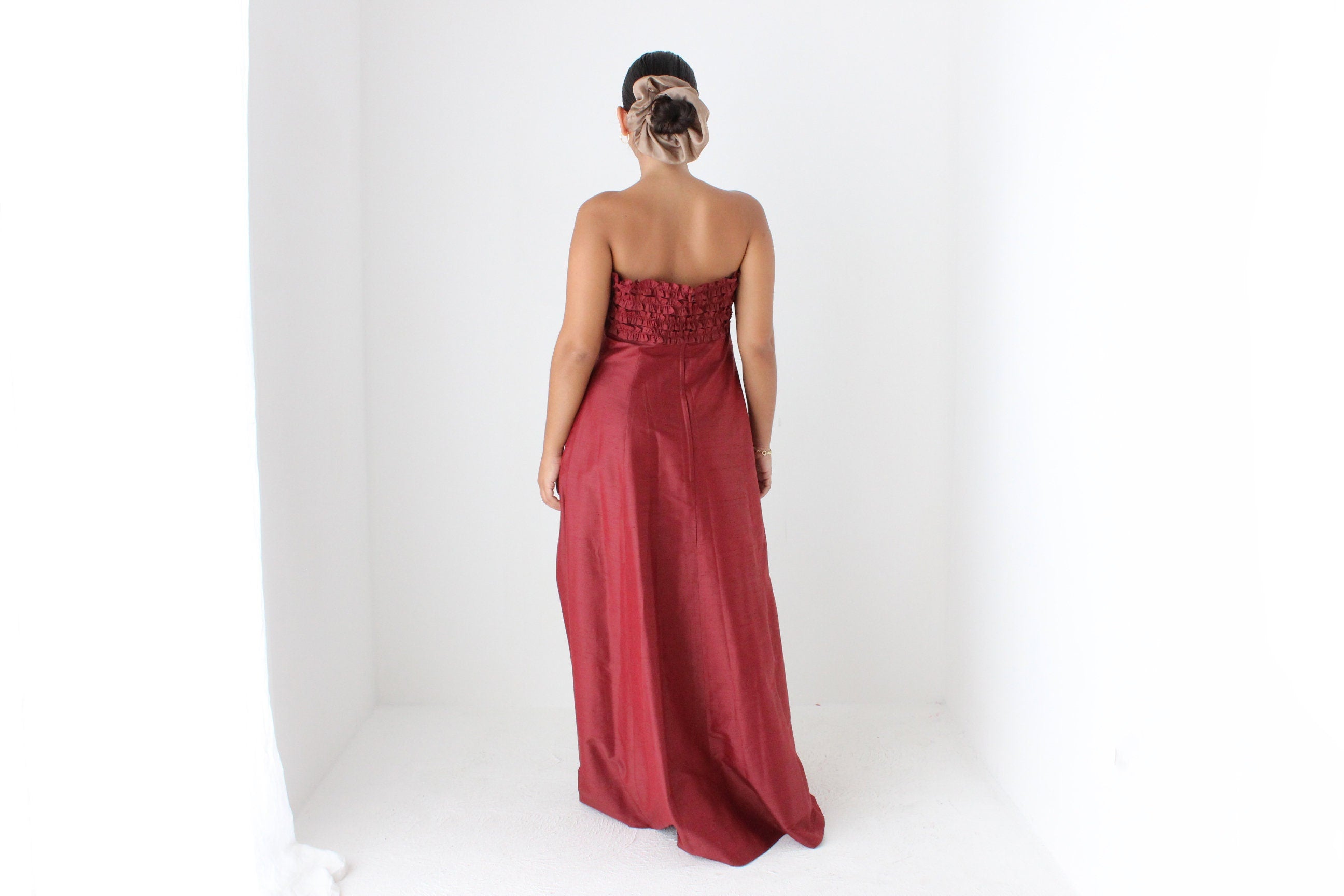 2000s Raw Silk Strapless Ruffle Formal Gown
