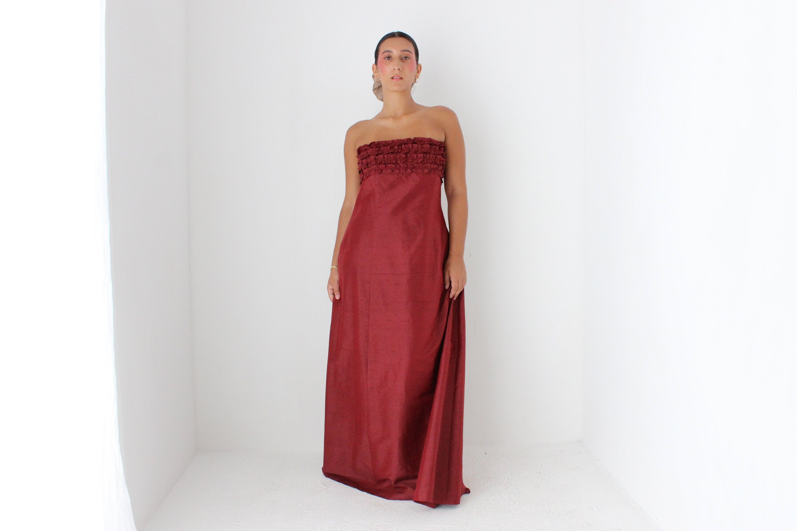 2000s Raw Silk Strapless Ruffle Formal Gown