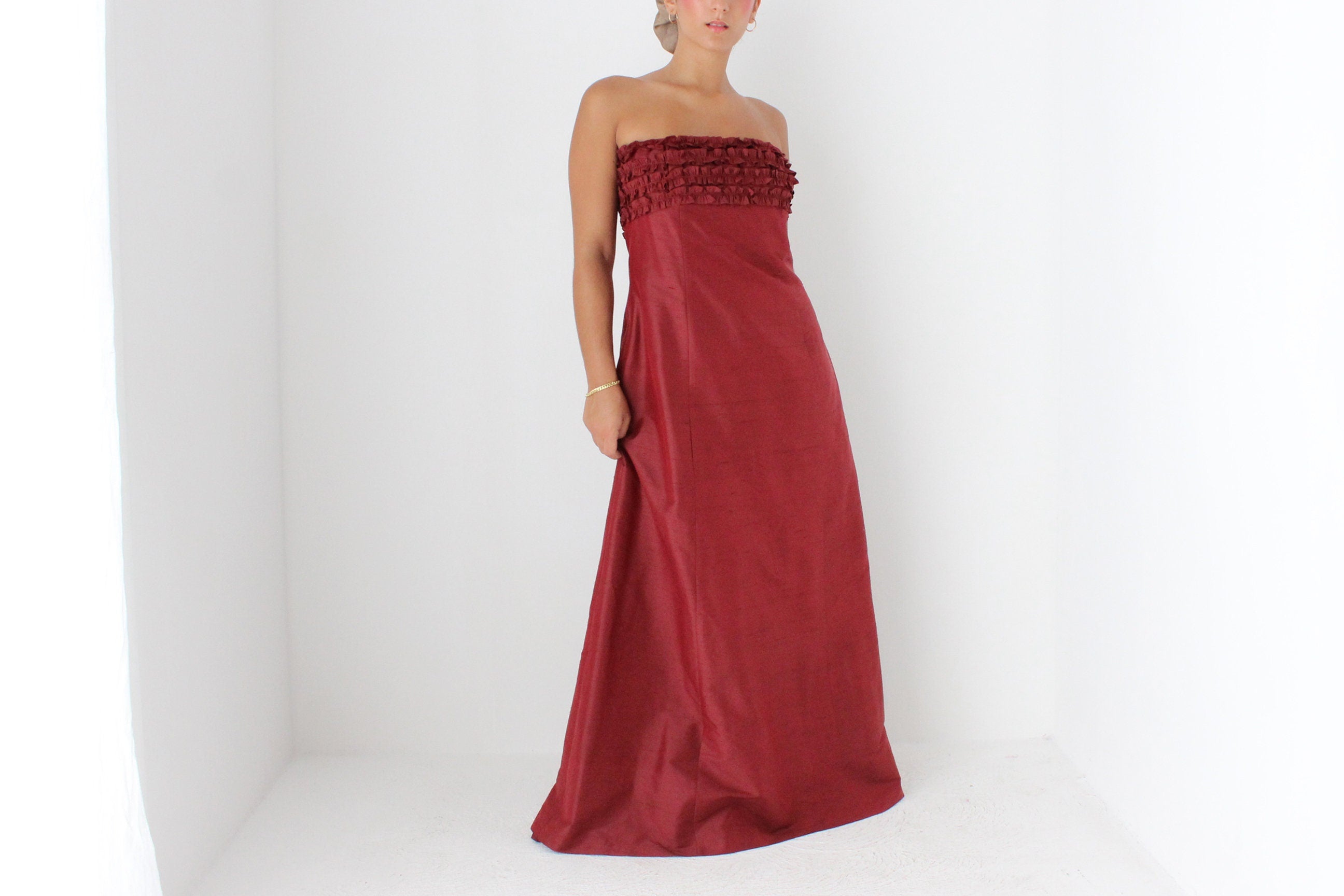 2000s Raw Silk Strapless Ruffle Formal Gown