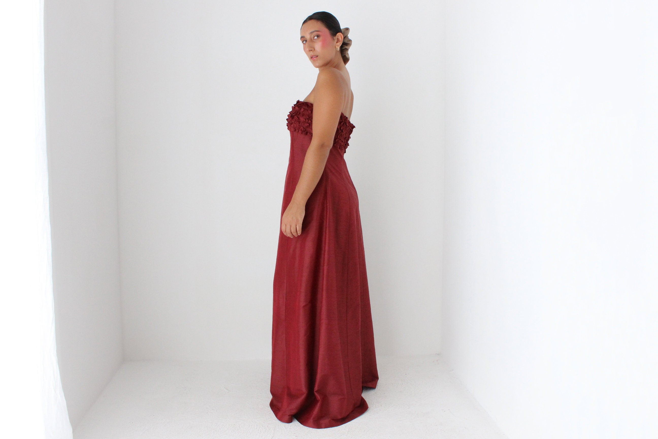 2000s Raw Silk Strapless Ruffle Formal Gown