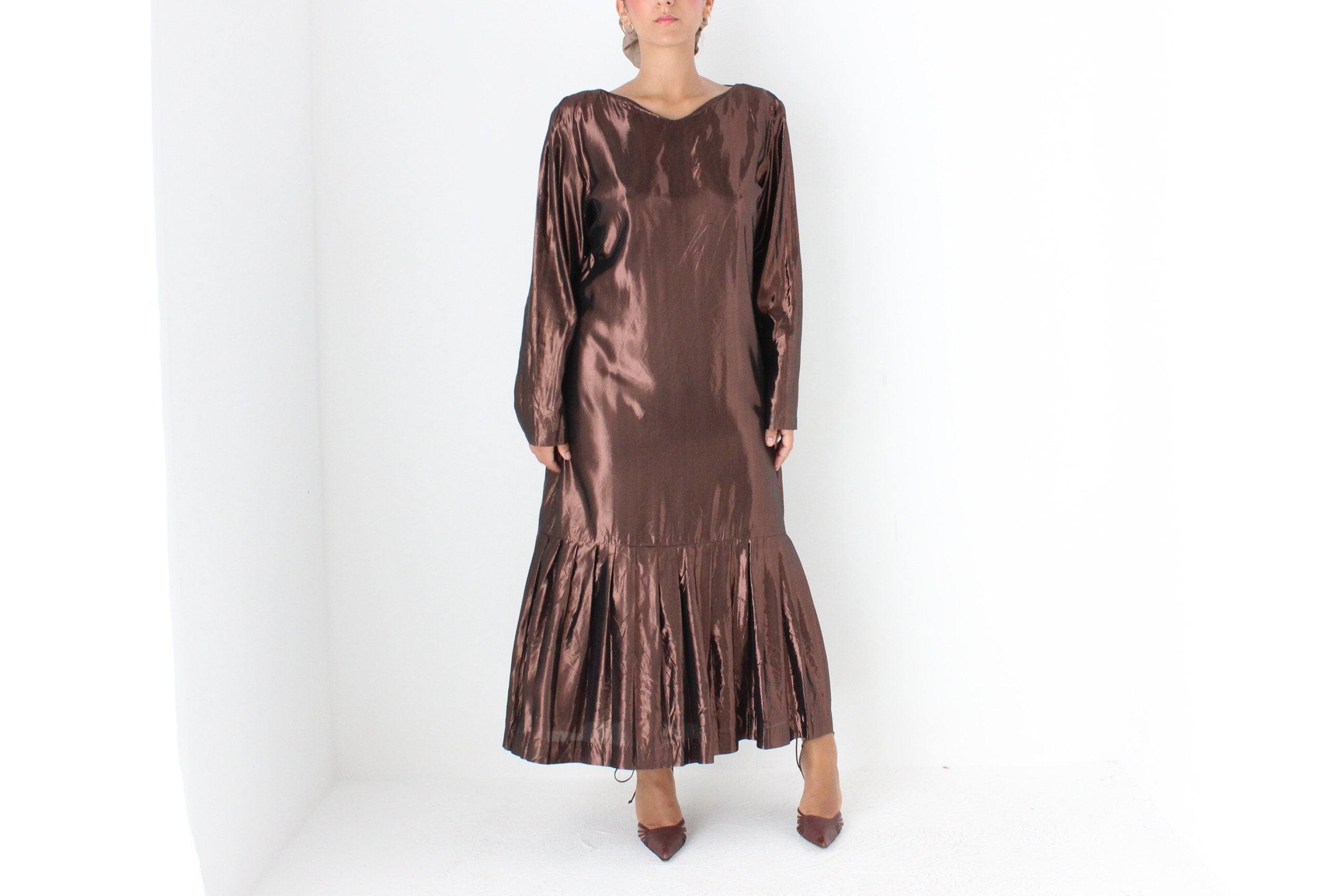 80s Bronze Lamé Metallic Drop Waist Party Dress