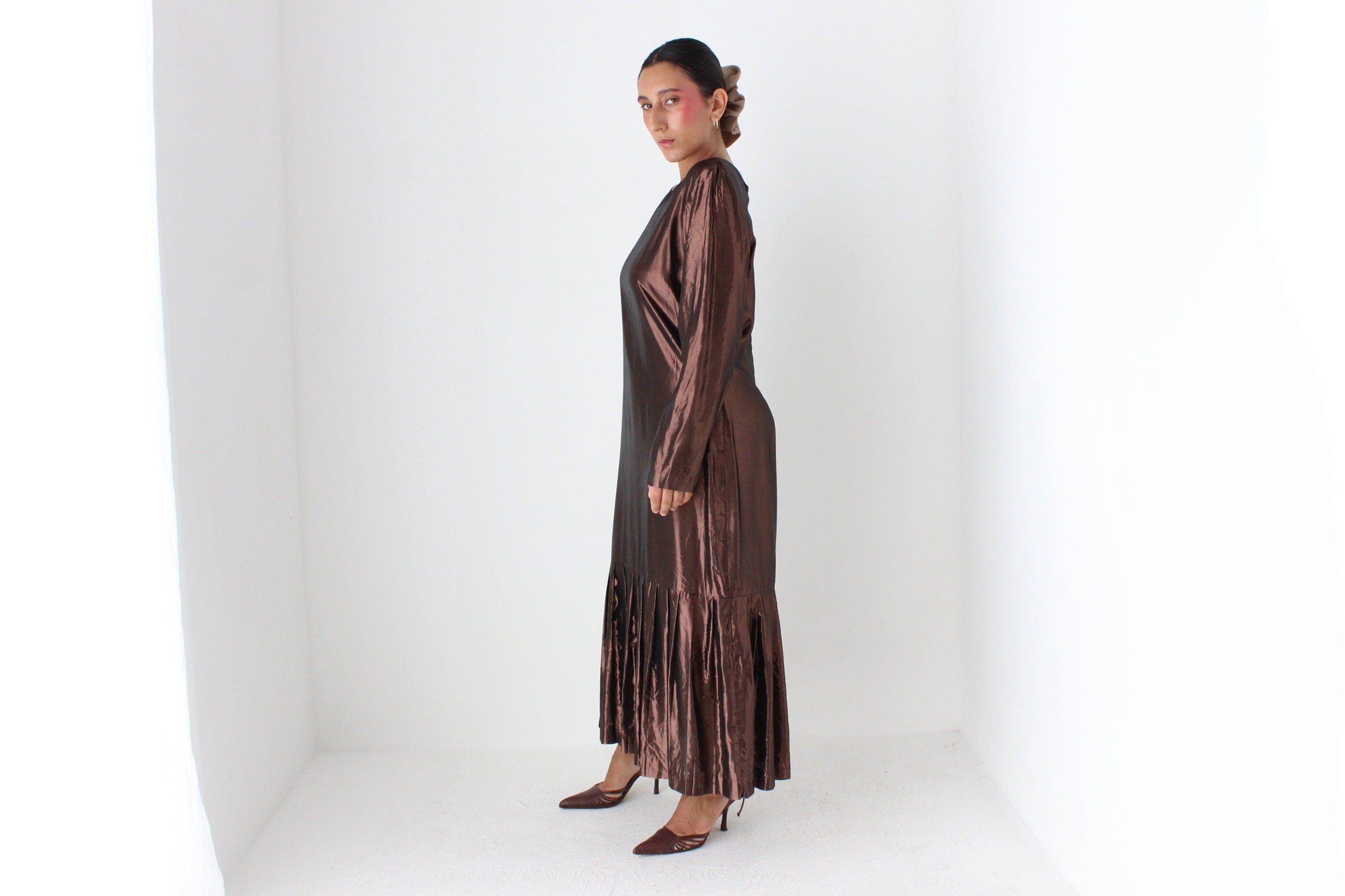 80s Bronze Lamé Metallic Drop Waist Party Dress